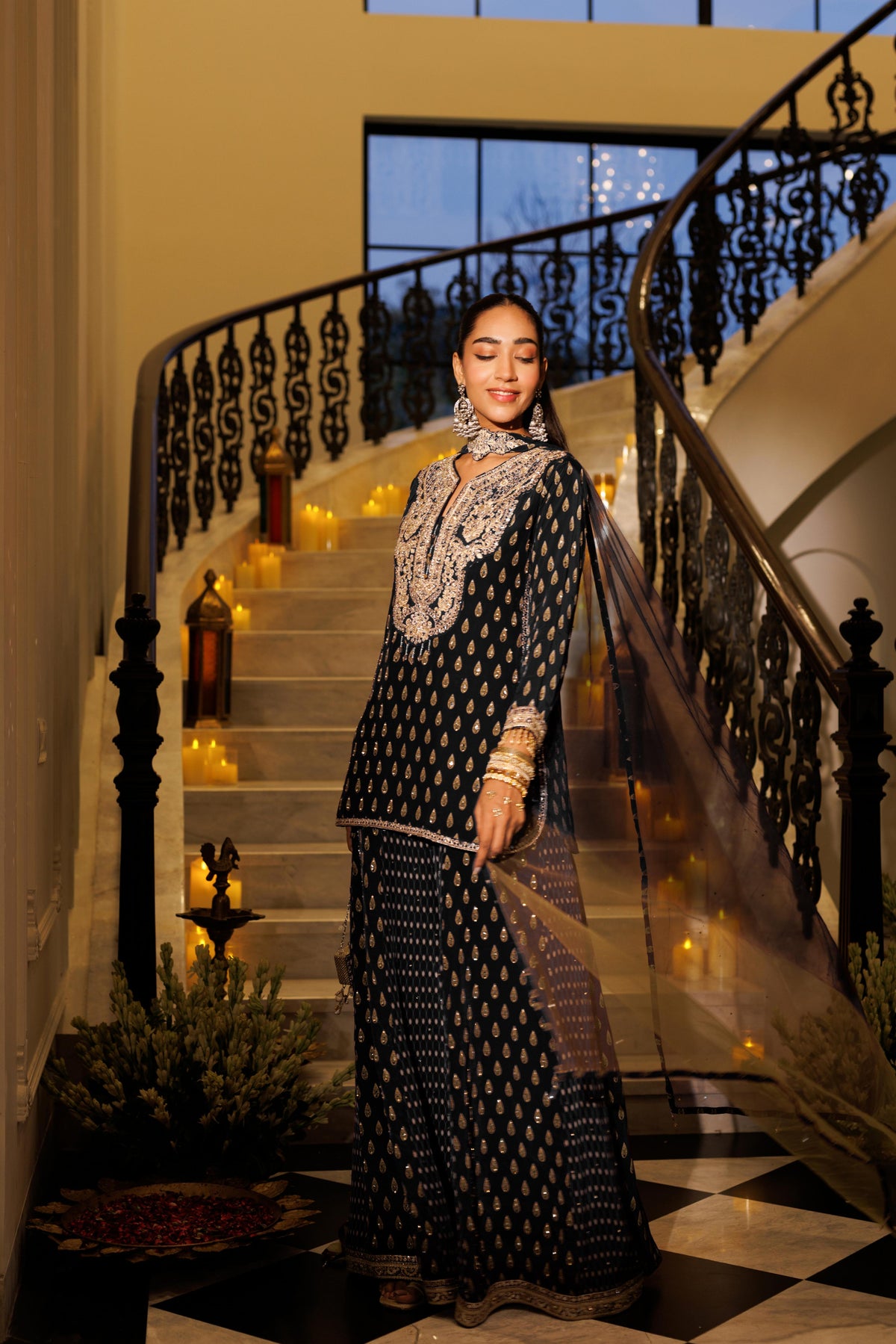 Black Knight Embellished Crepe Silk Palazzo Set