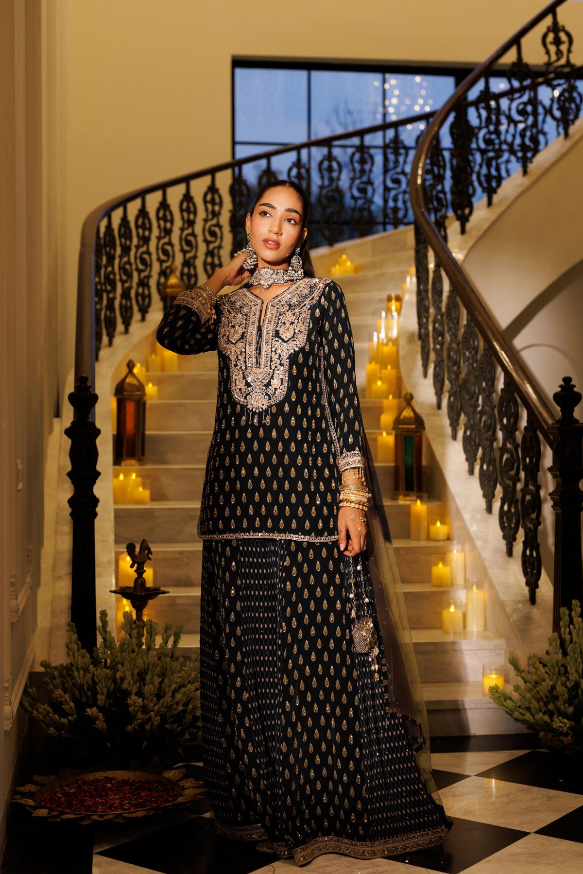 Black Knight Embellished Crepe Silk Palazzo Set
