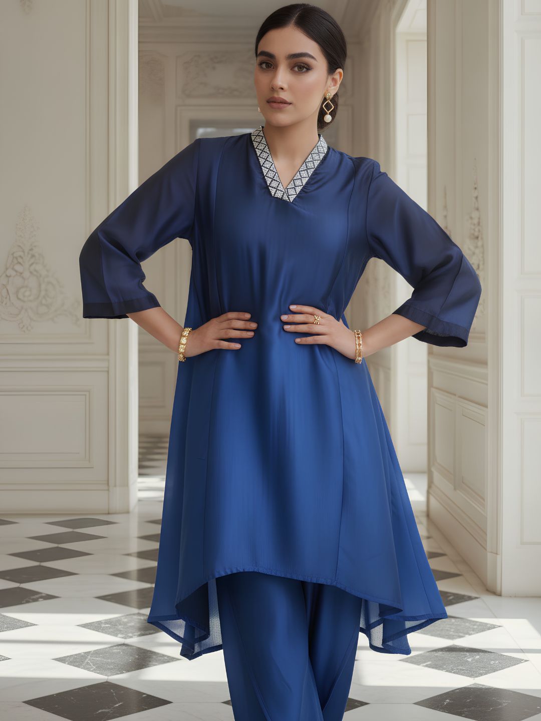 Navy Blue Embellished Poly Silk Co-Ord Set
