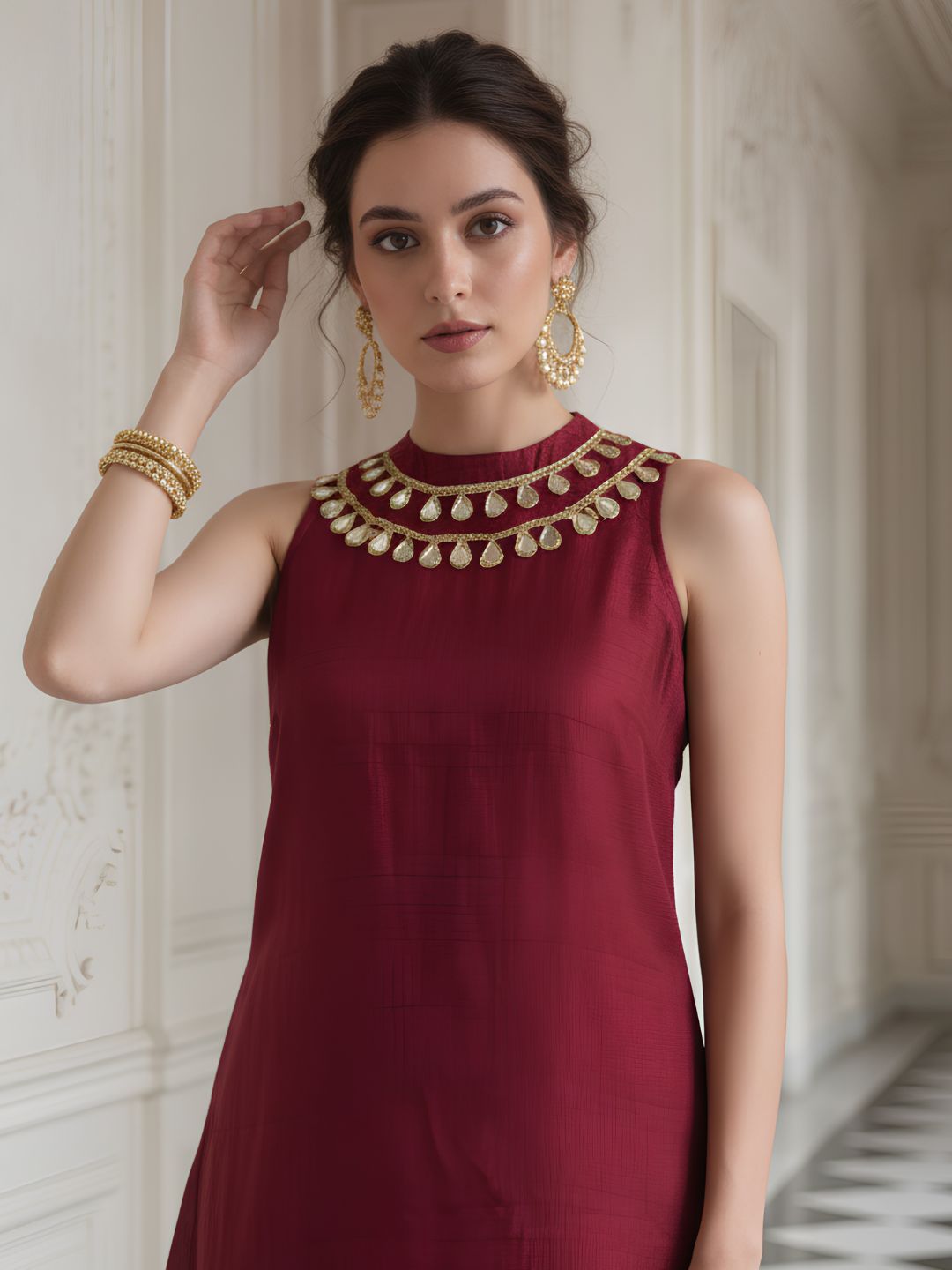 Luxe Maroon Embellished Premium Silk Co-Ord Set