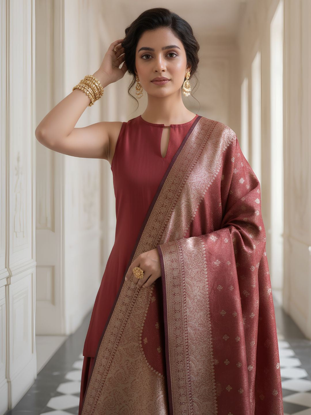 Brick Red Embroidered Banarasi Silk Salwar Set