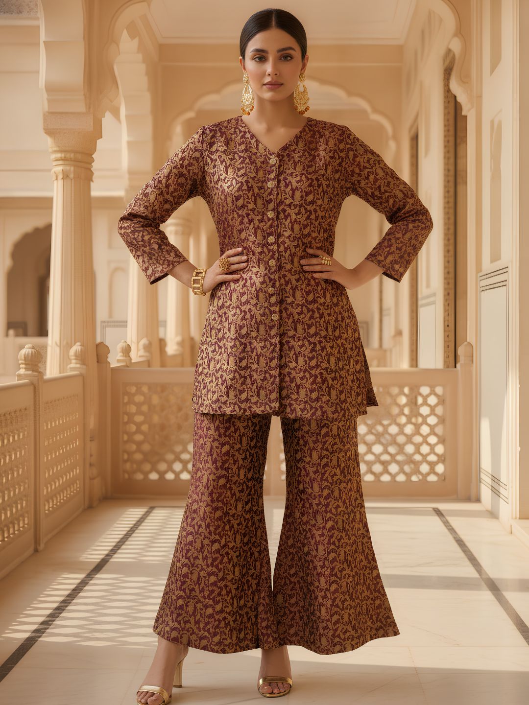 Deep Plum Embroidered Jacquard Silk Co-Ord Set