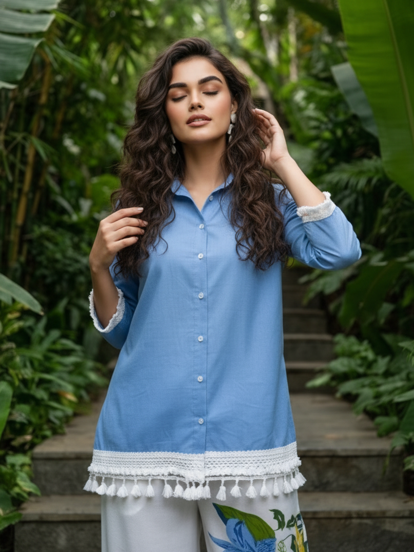 Sky Blue & White Tropical Printed Cotton Co-ord Set