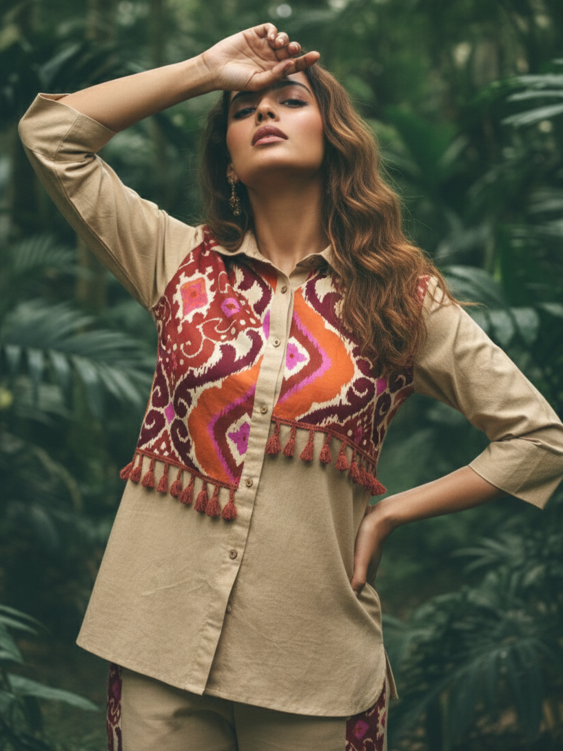 Beige & Multicolor Ikat Print Cotton Co-ord Set