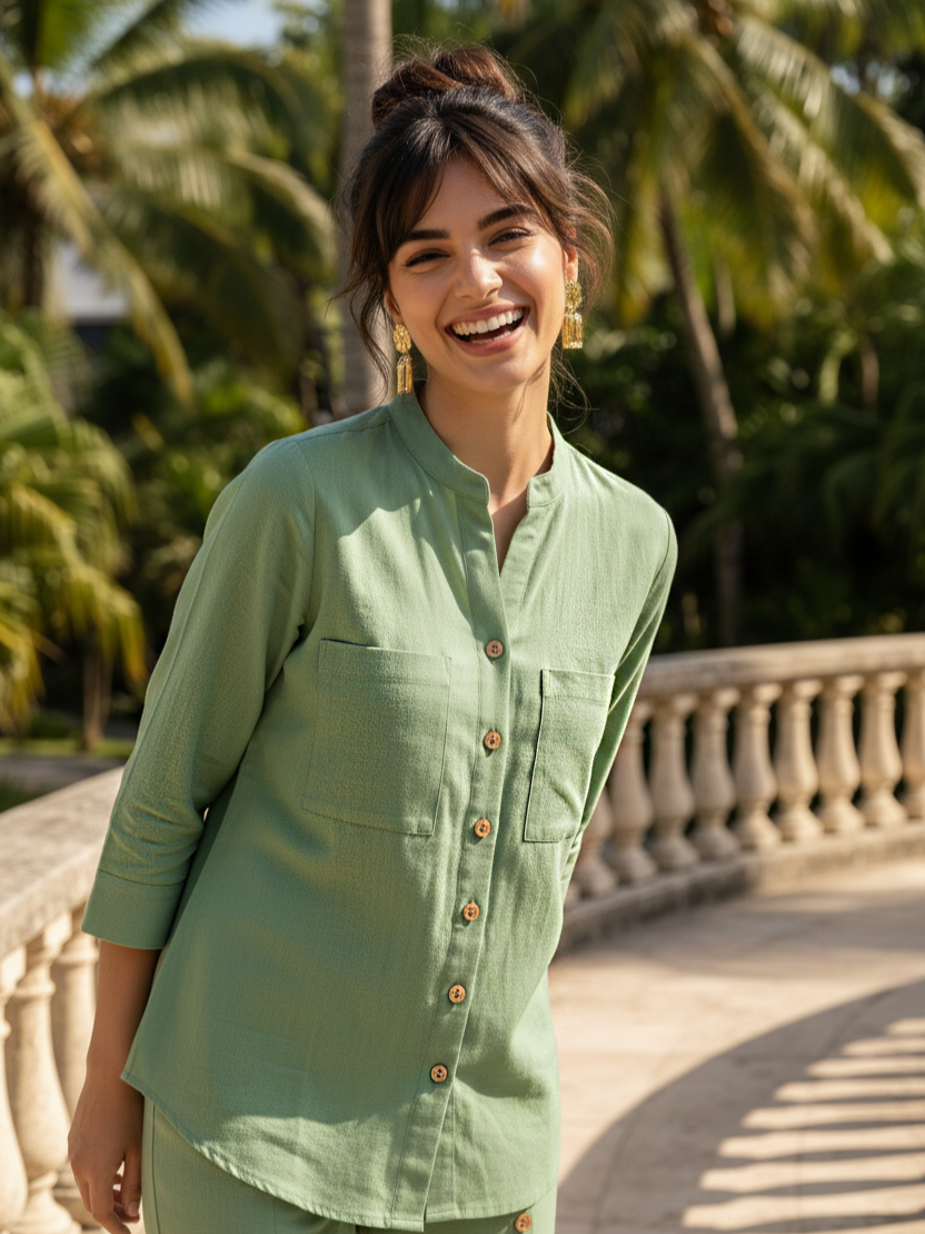Sage Green Button-Down Cotton Co-ord Set