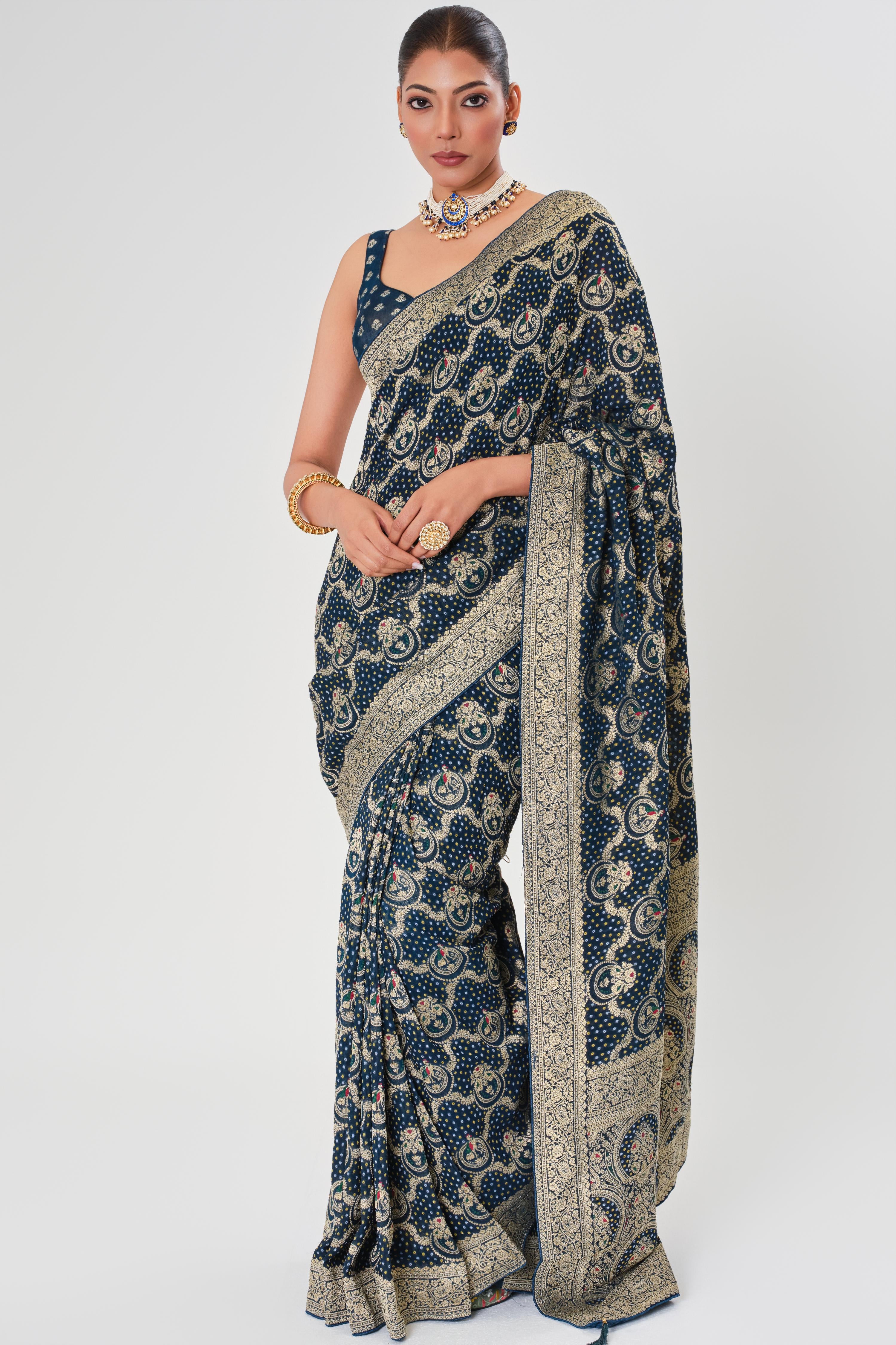 Blue Zari Woven Georgette Silk Saree