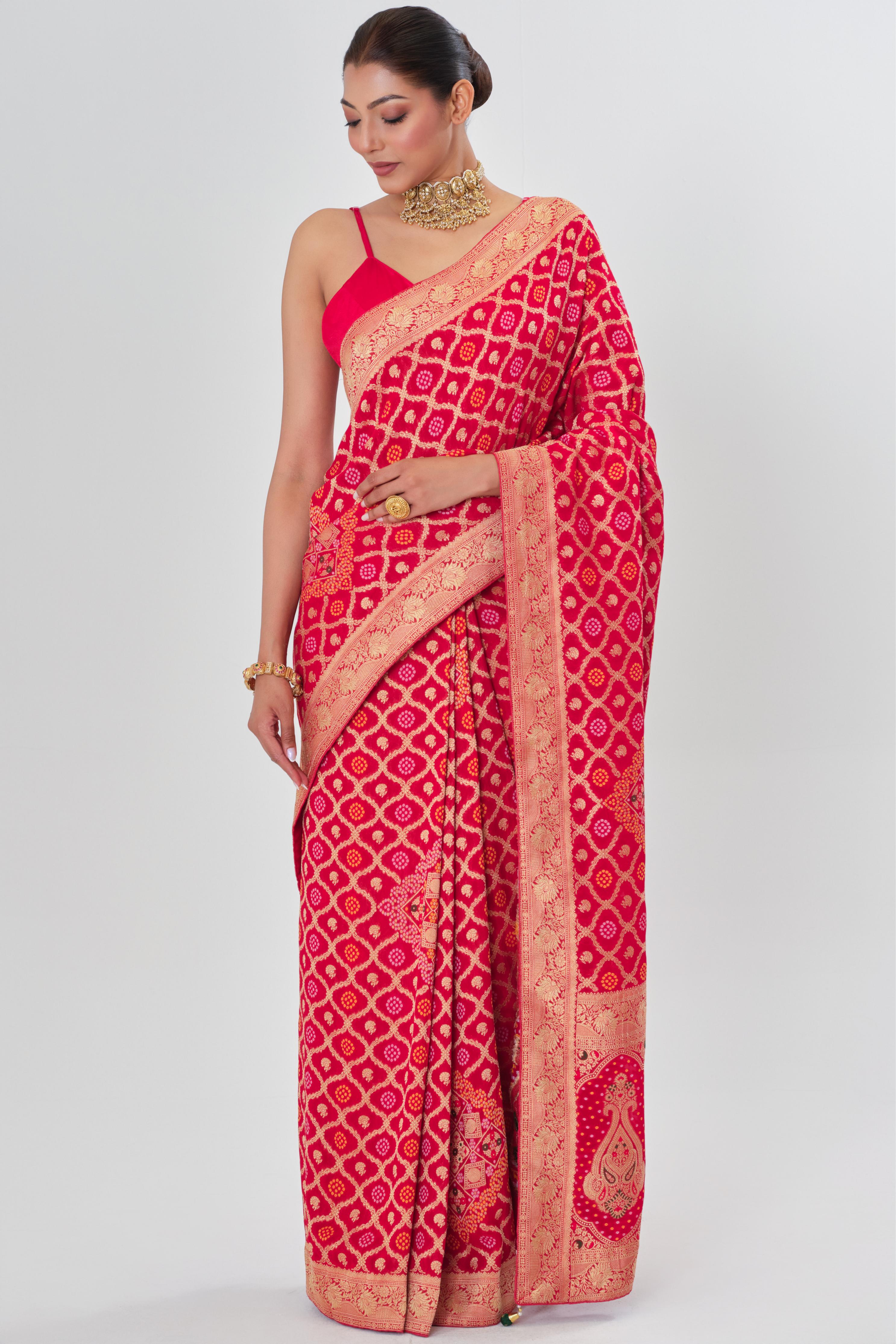 Red Golden Georgette Silk Saree