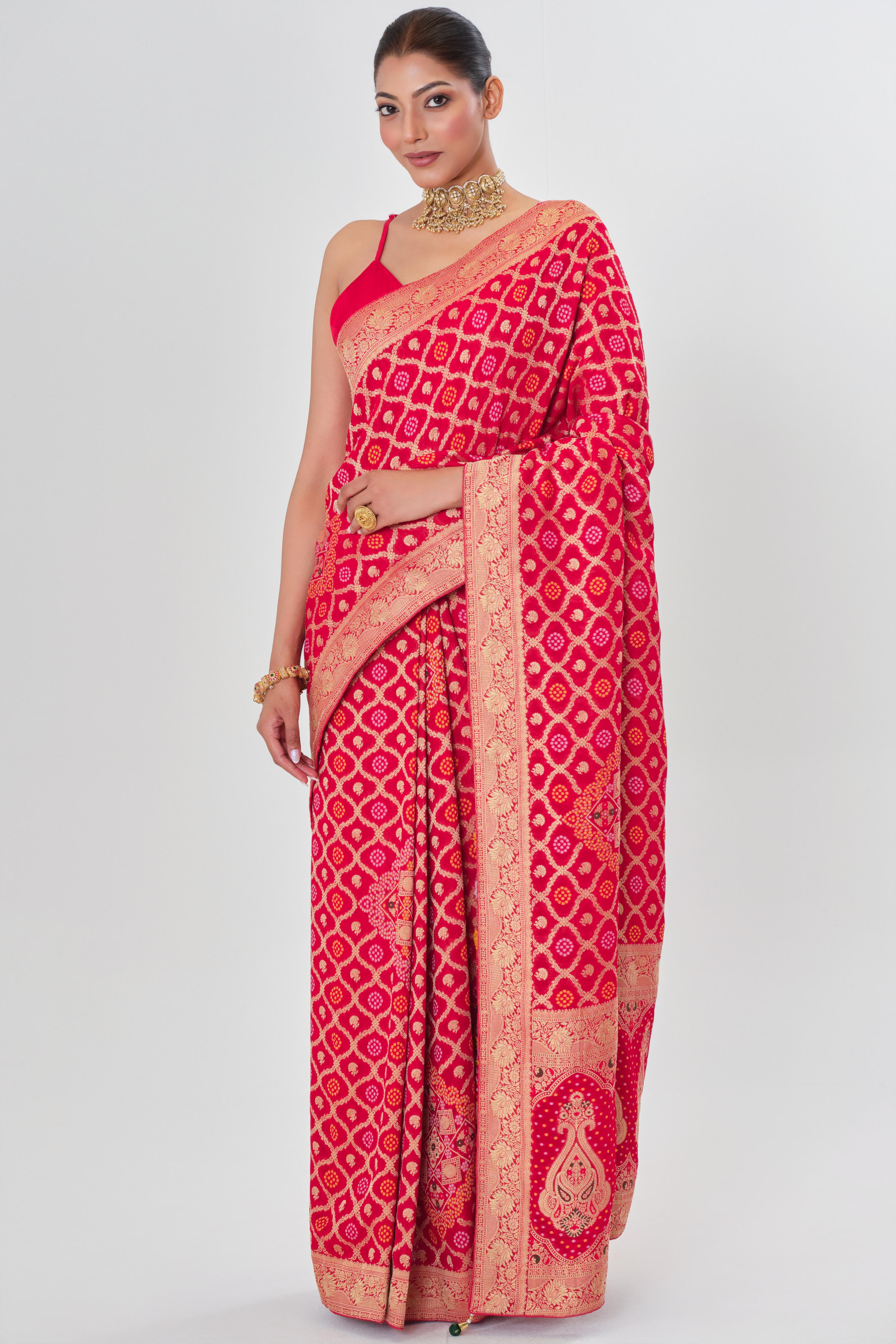 Red Golden Georgette Silk Saree