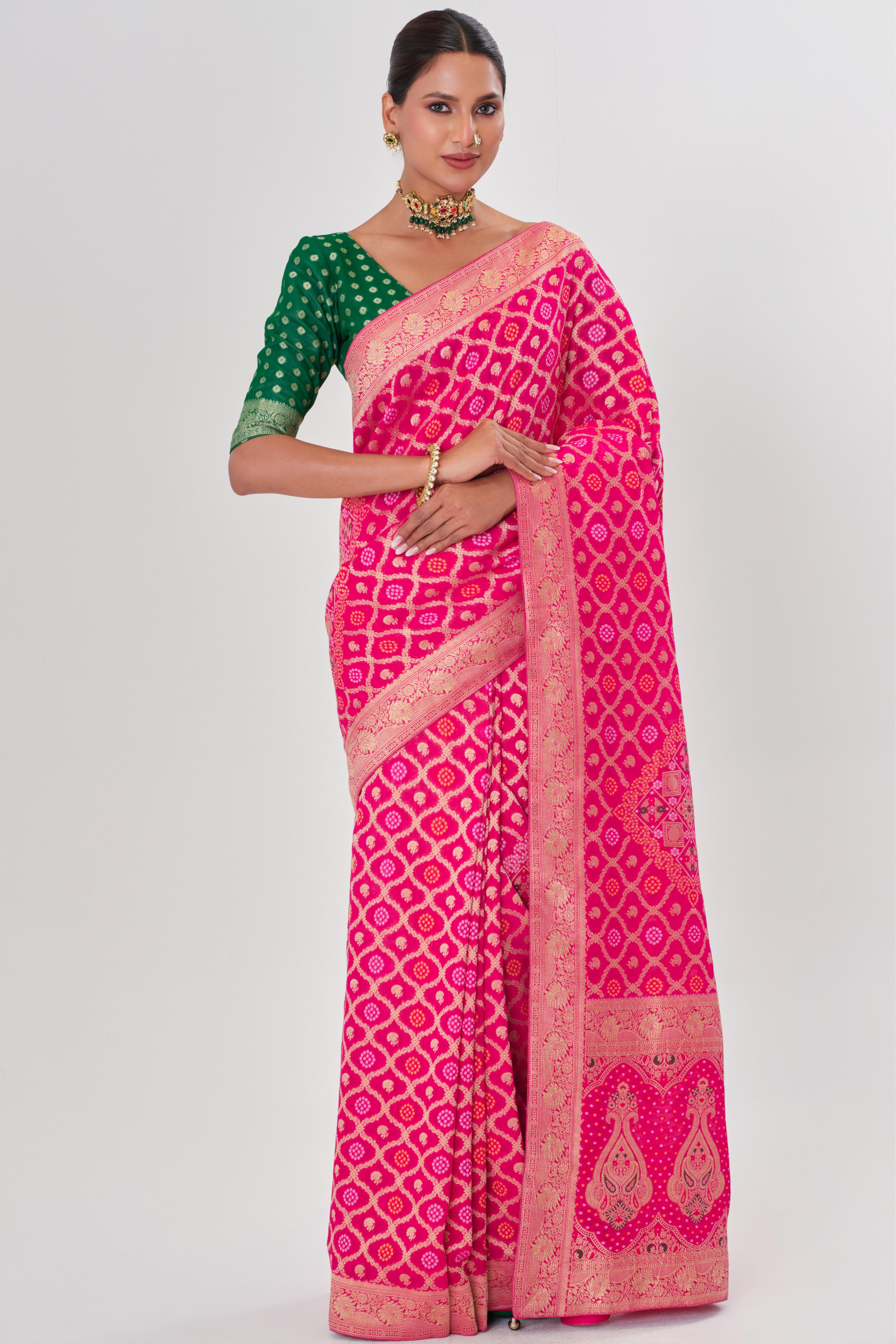 Pink Golden Georgette Silk Saree