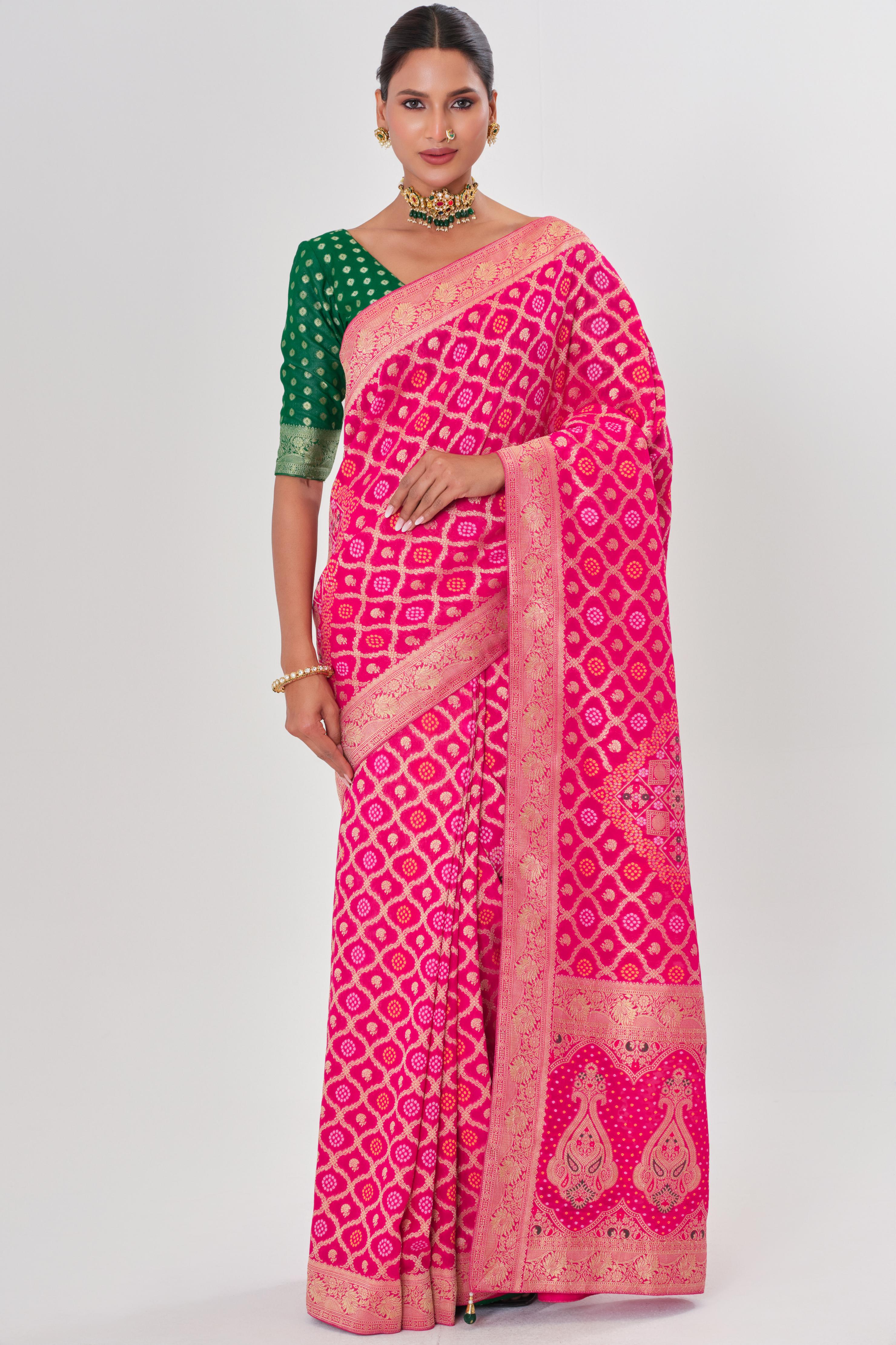 Pink Golden Georgette Silk Saree