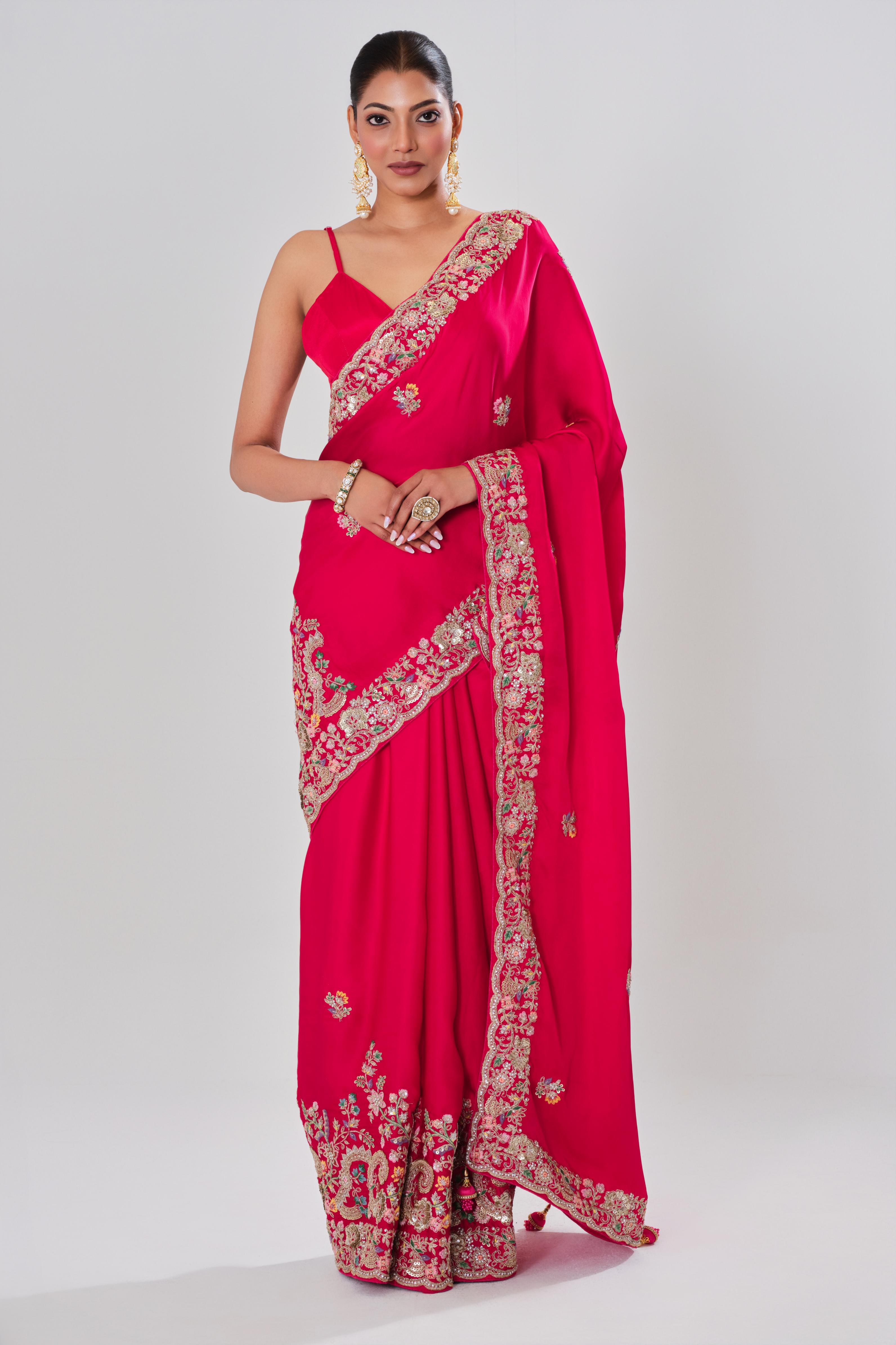 Red Embroidered Satin Silk Saree