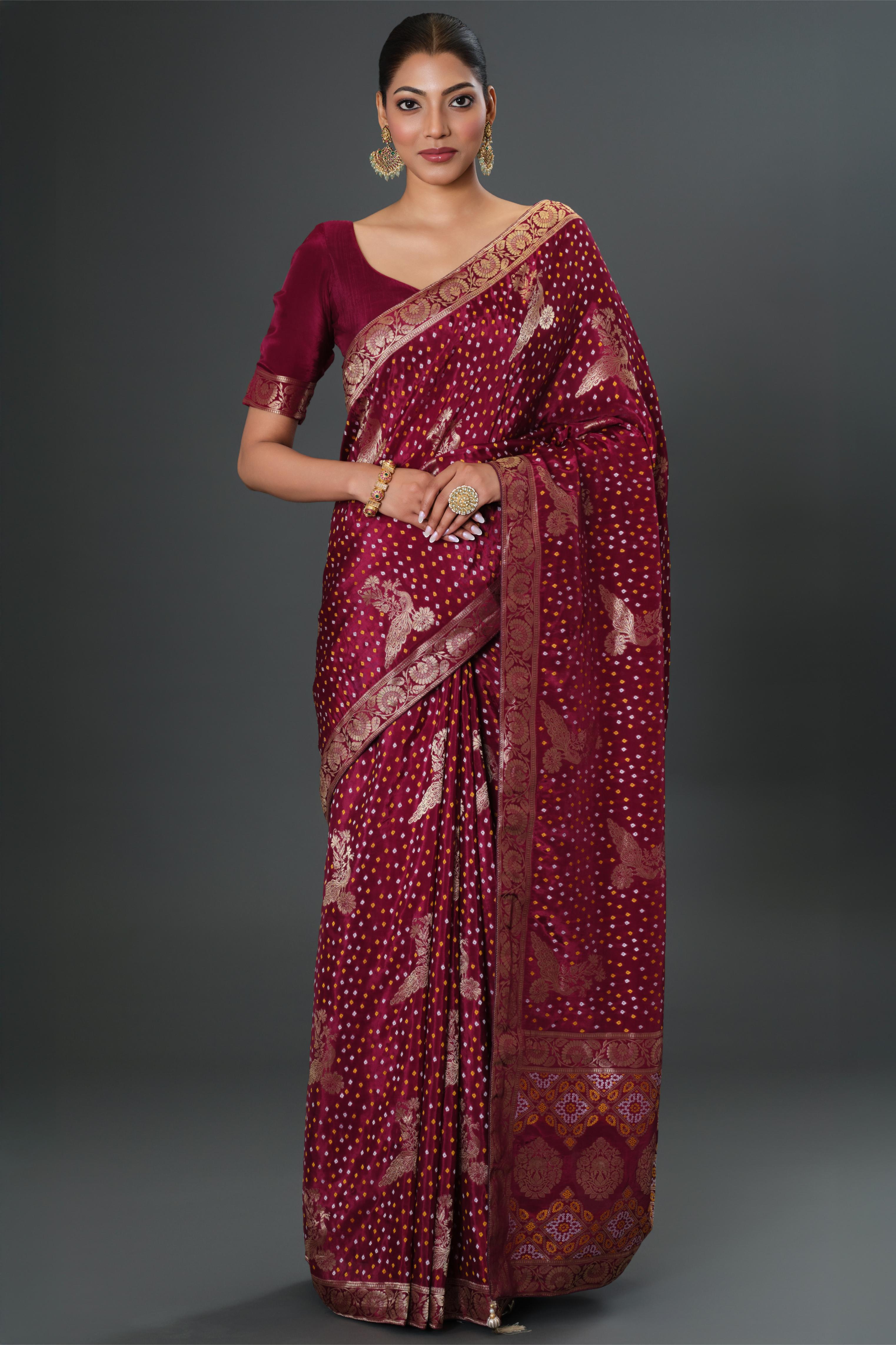 Wine Bandhani Printed Dola Silk Saree