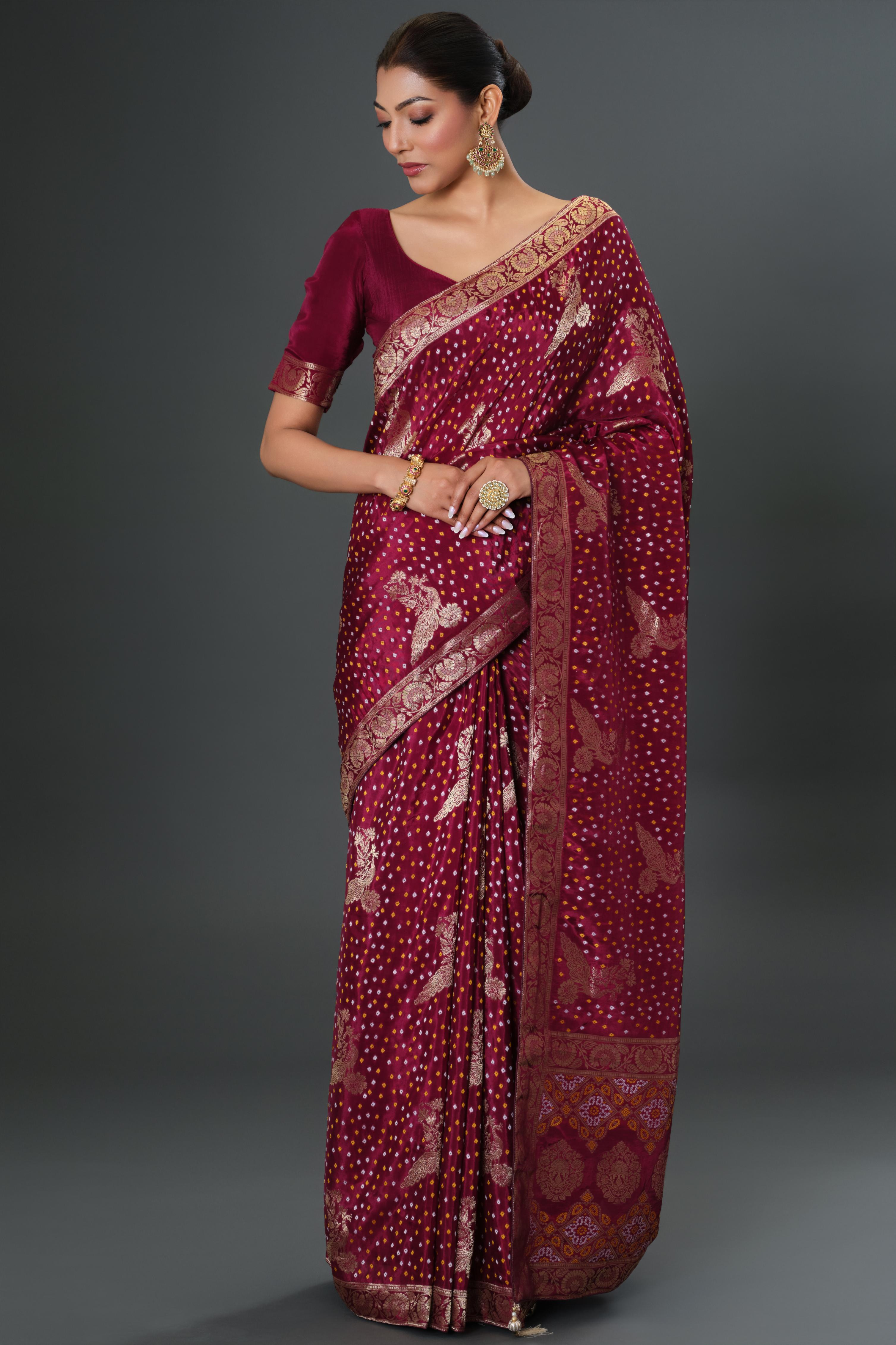Wine Bandhani Printed Dola Silk Saree