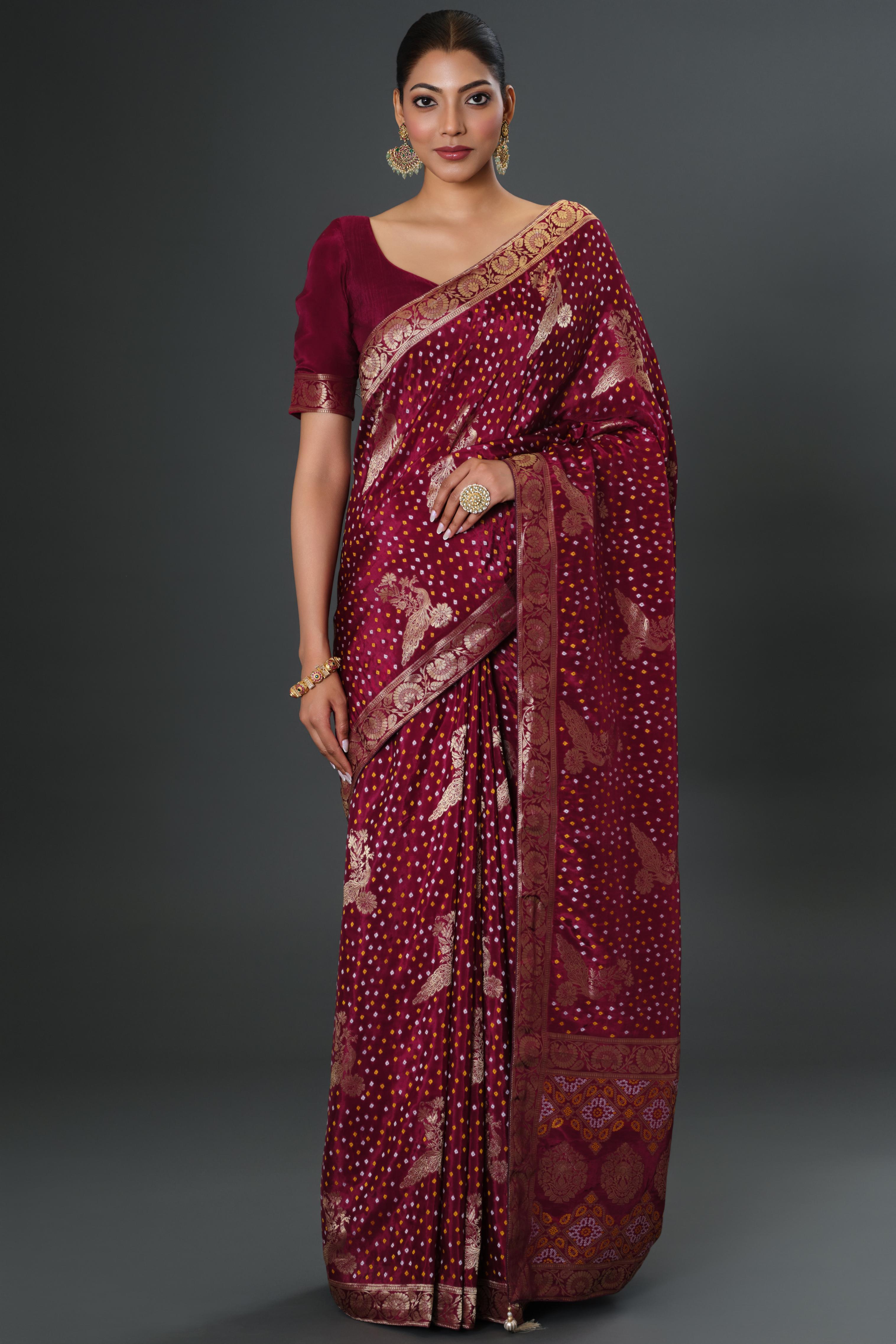 Wine Bandhani Printed Dola Silk Saree
