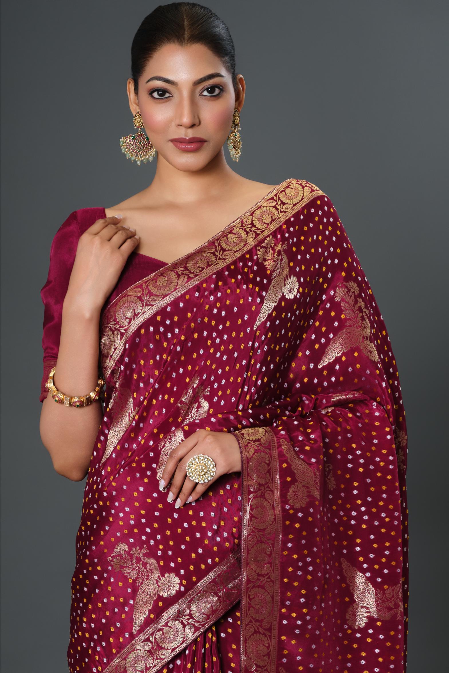 Wine Bandhani Printed Dola Silk Saree