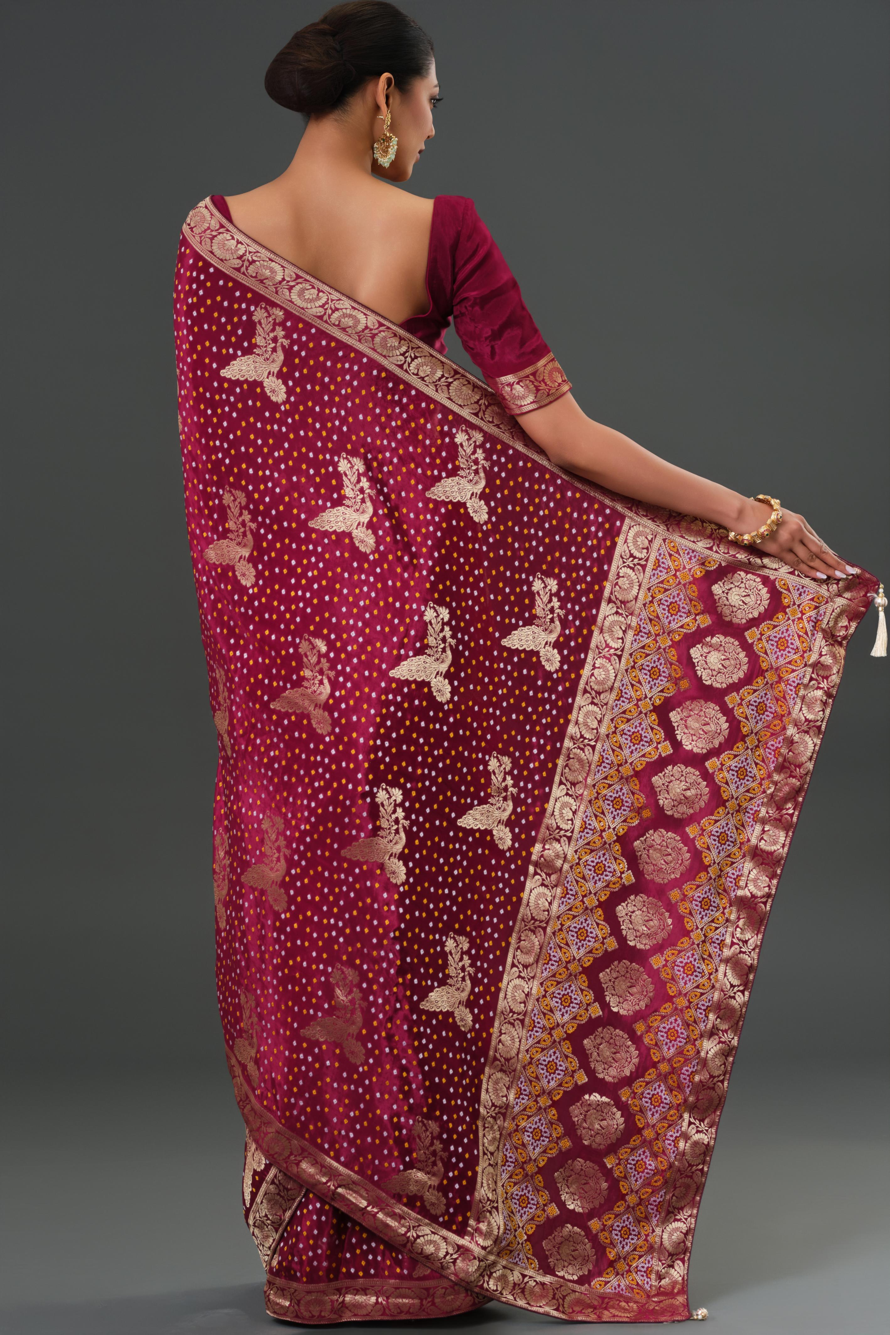 Wine Bandhani Printed Dola Silk Saree
