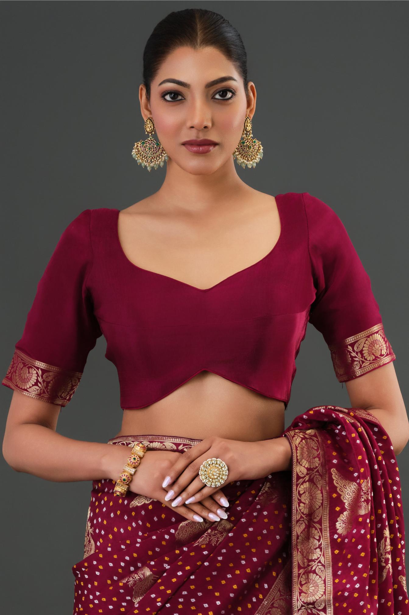 Wine Bandhani Printed Dola Silk Saree