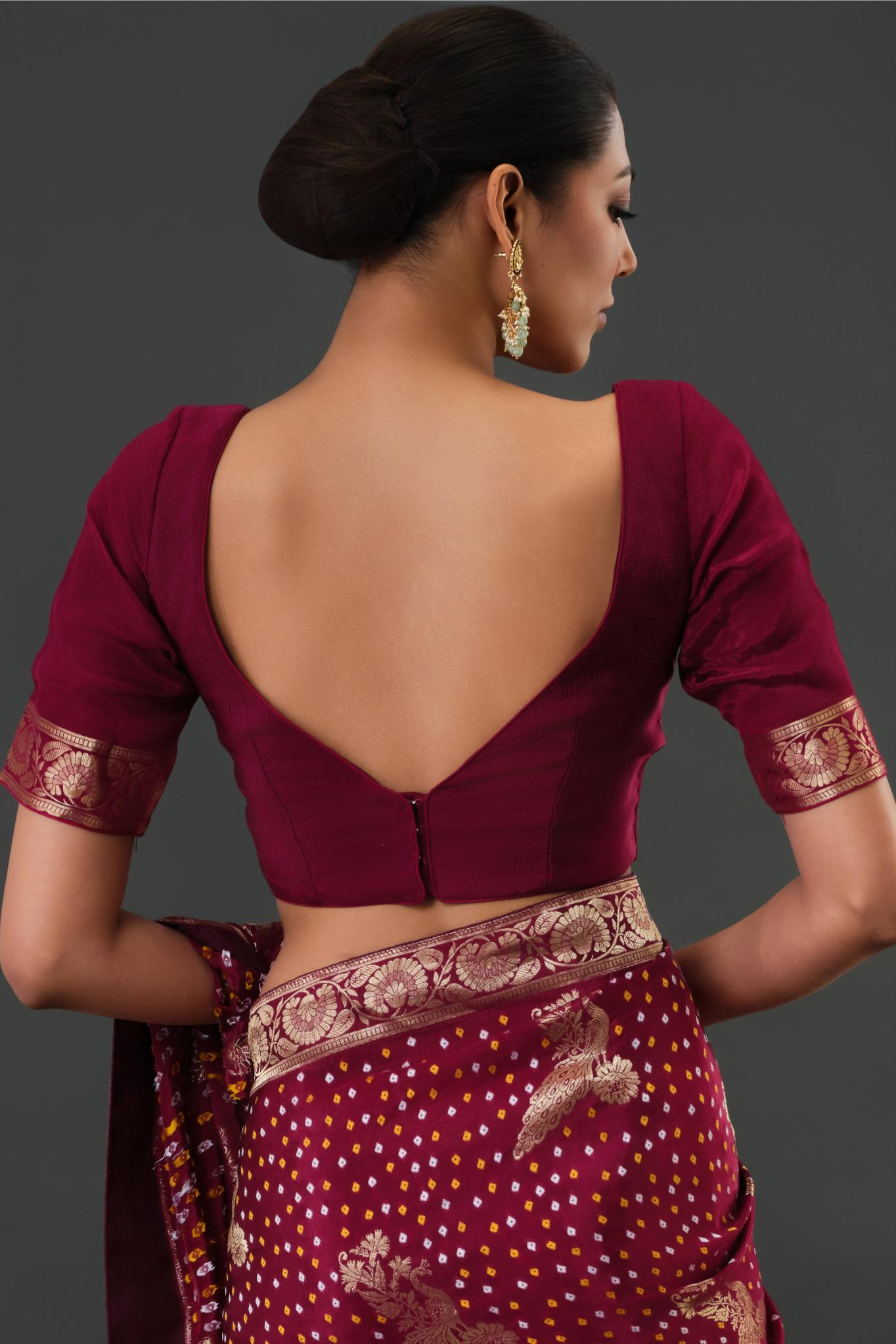 Wine Bandhani Printed Dola Silk Saree