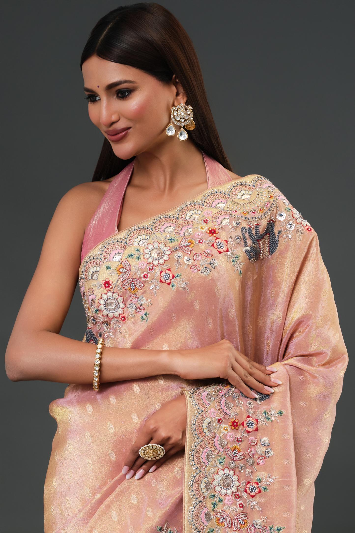 Dusky Peach Banarasi Tissue Silk Saree