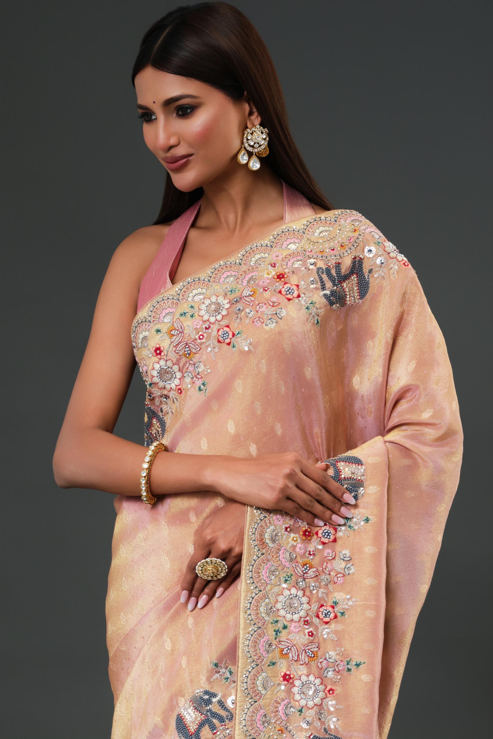 Dusky Peach Banarasi Tissue Silk Saree