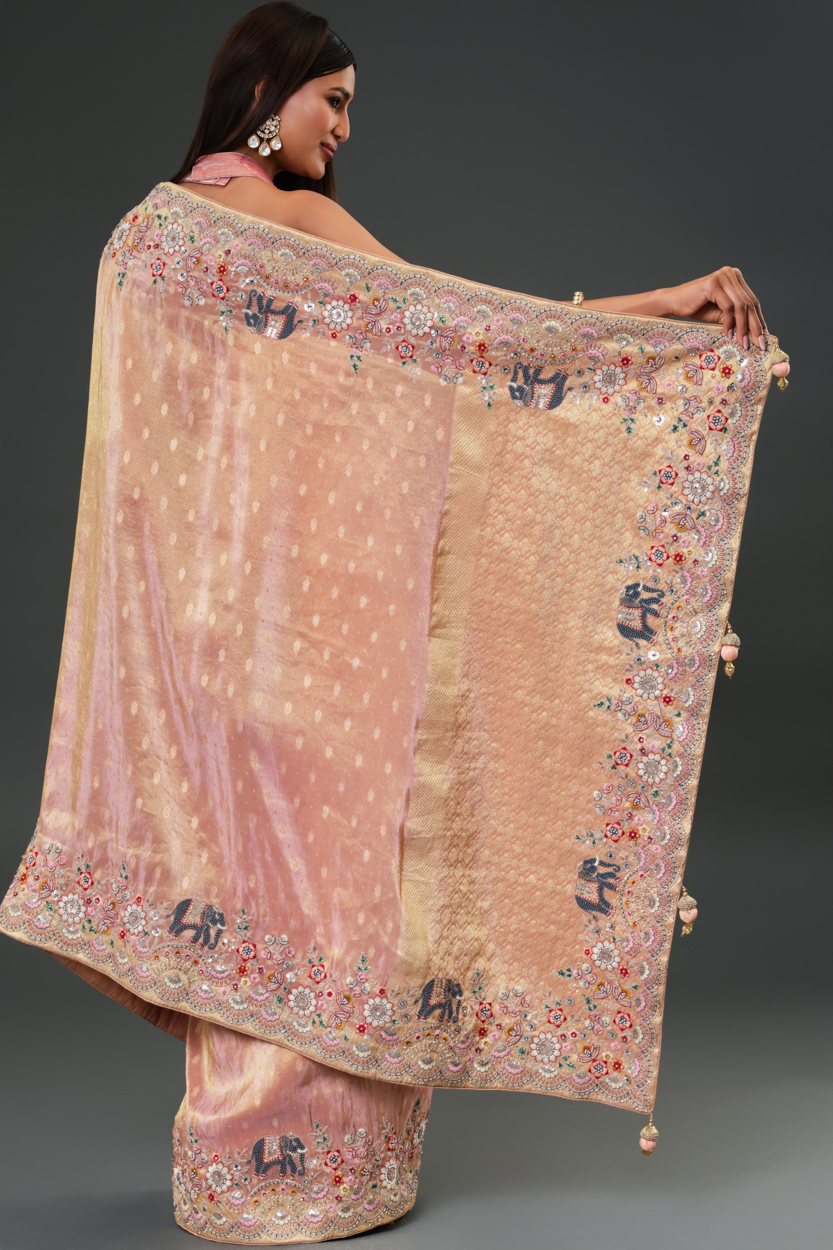 Dusky Peach Banarasi Tissue Silk Saree