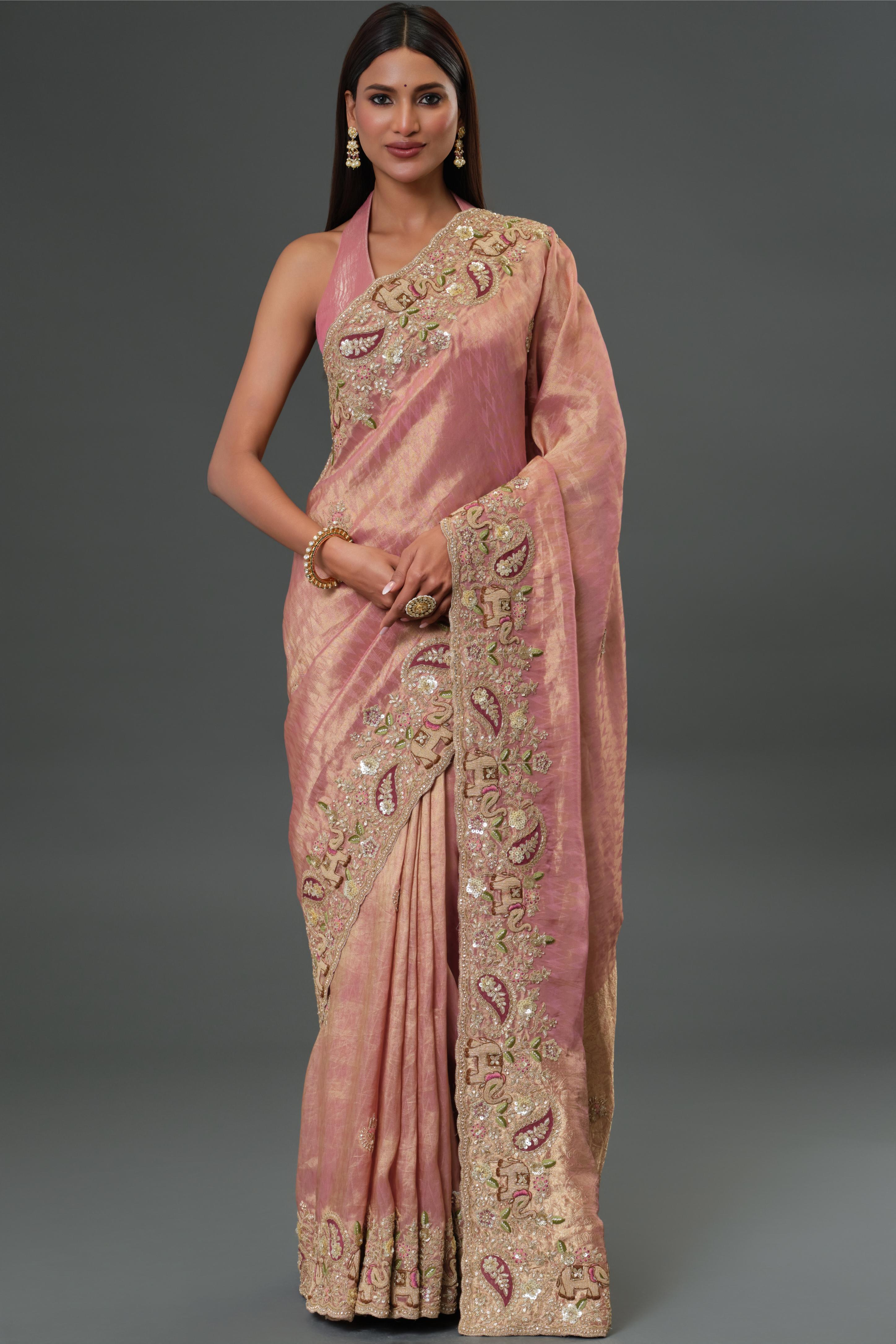 Dusty Rose Pink Embroidered Banarasi Tissue Silk Saree