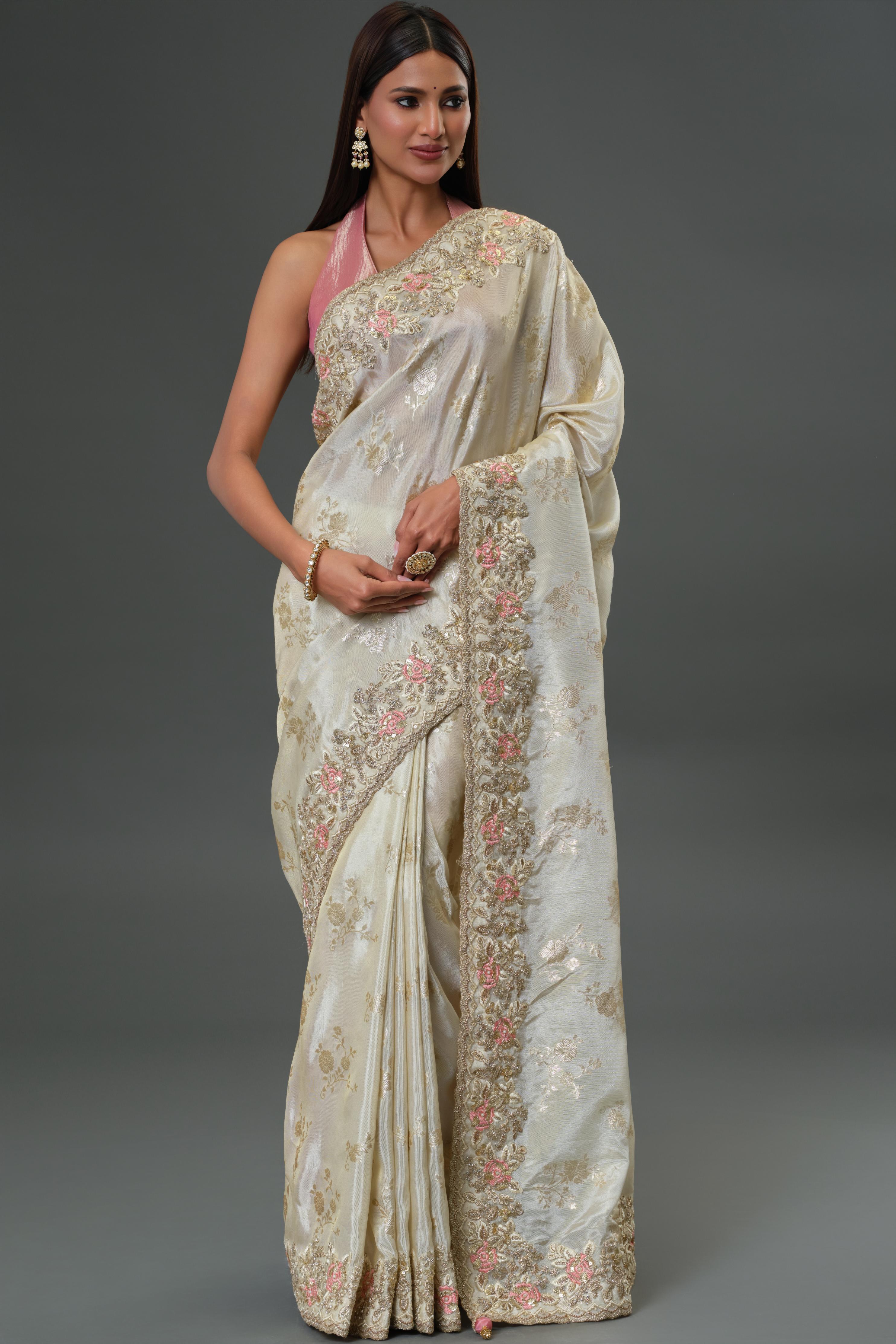 Champagne Embroidered Cosmo Tissue Silk Saree