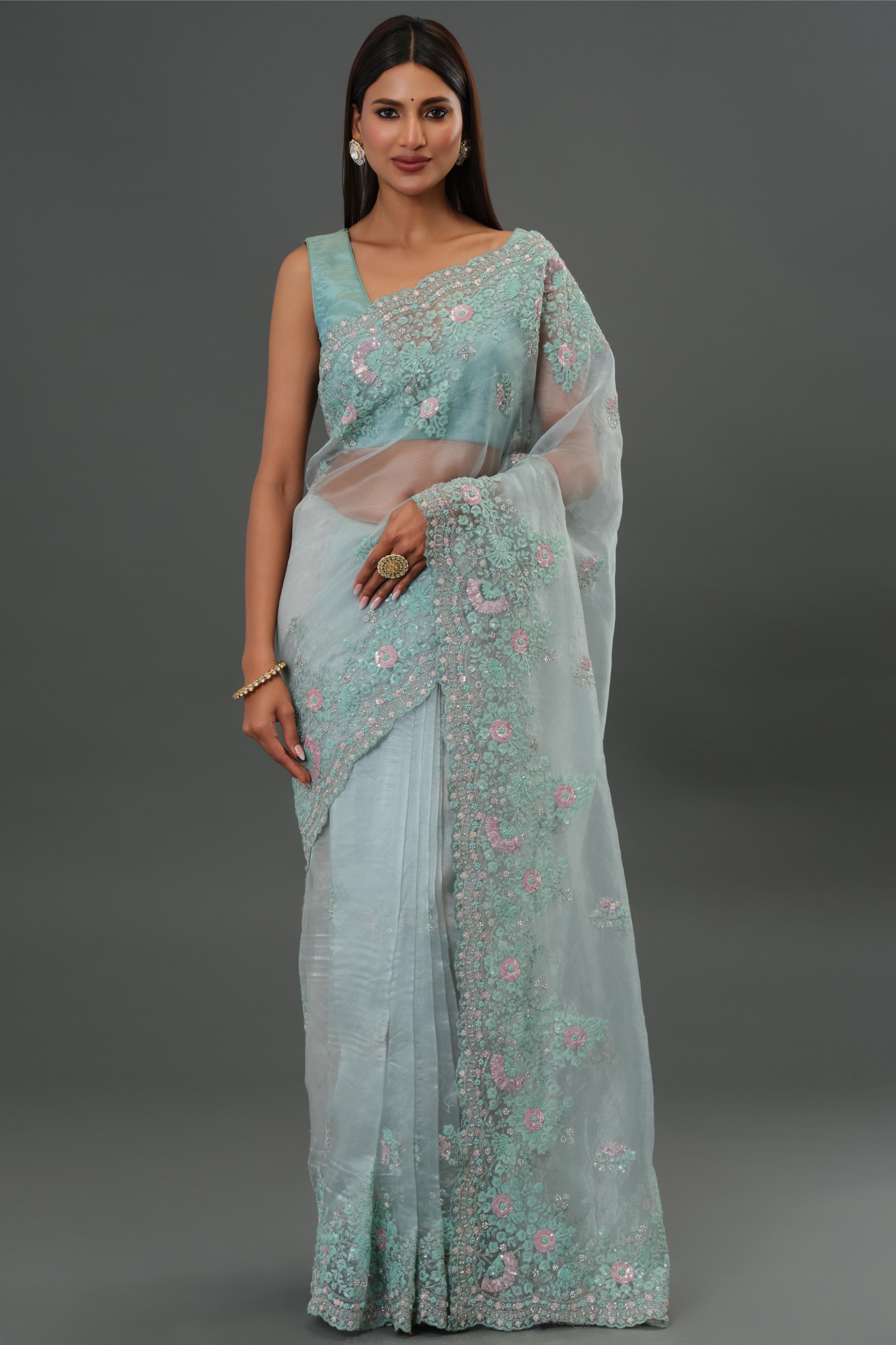 Blue Embroidered Organza Silk Saree