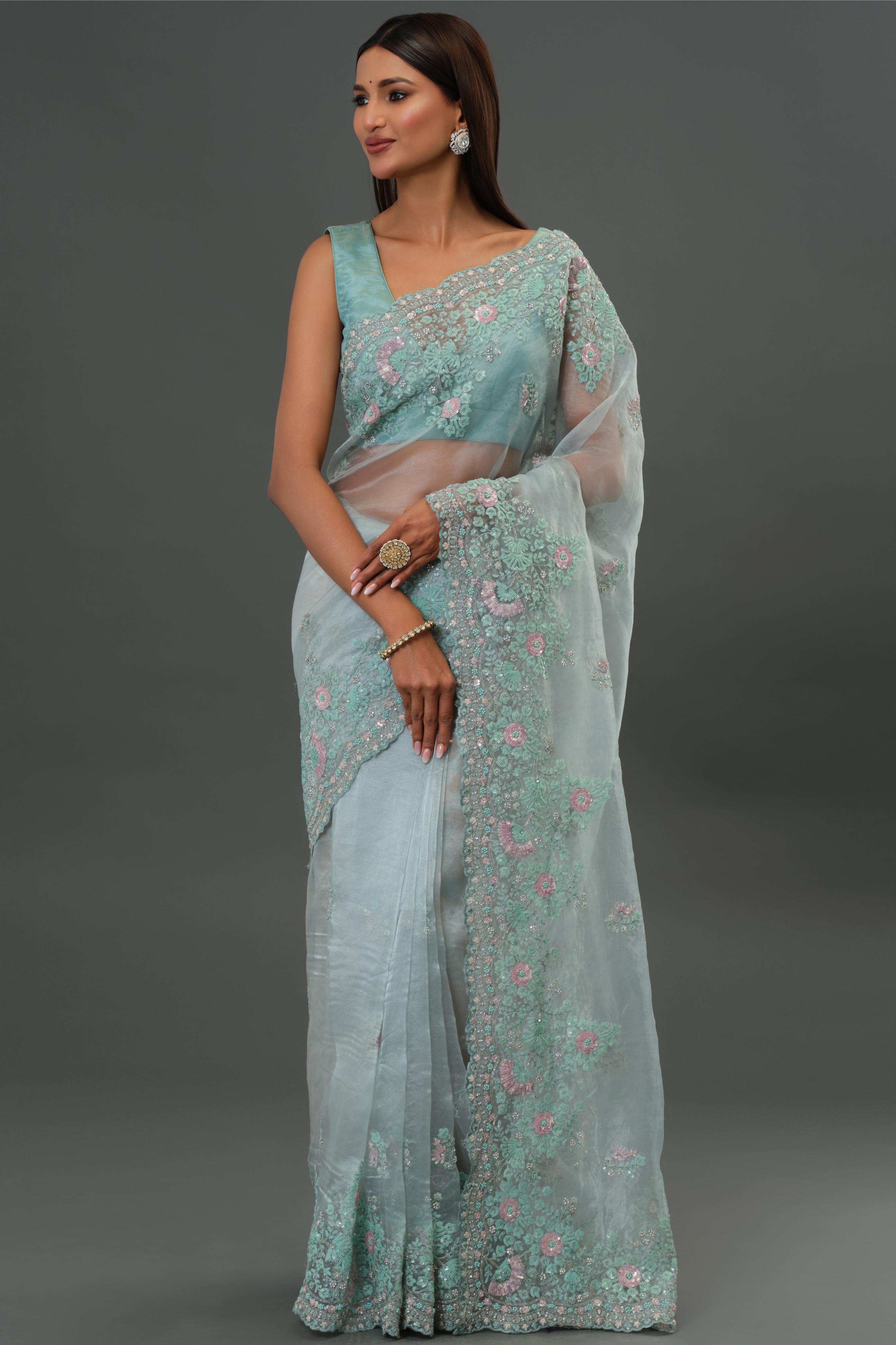 Blue Embroidered Organza Silk Saree
