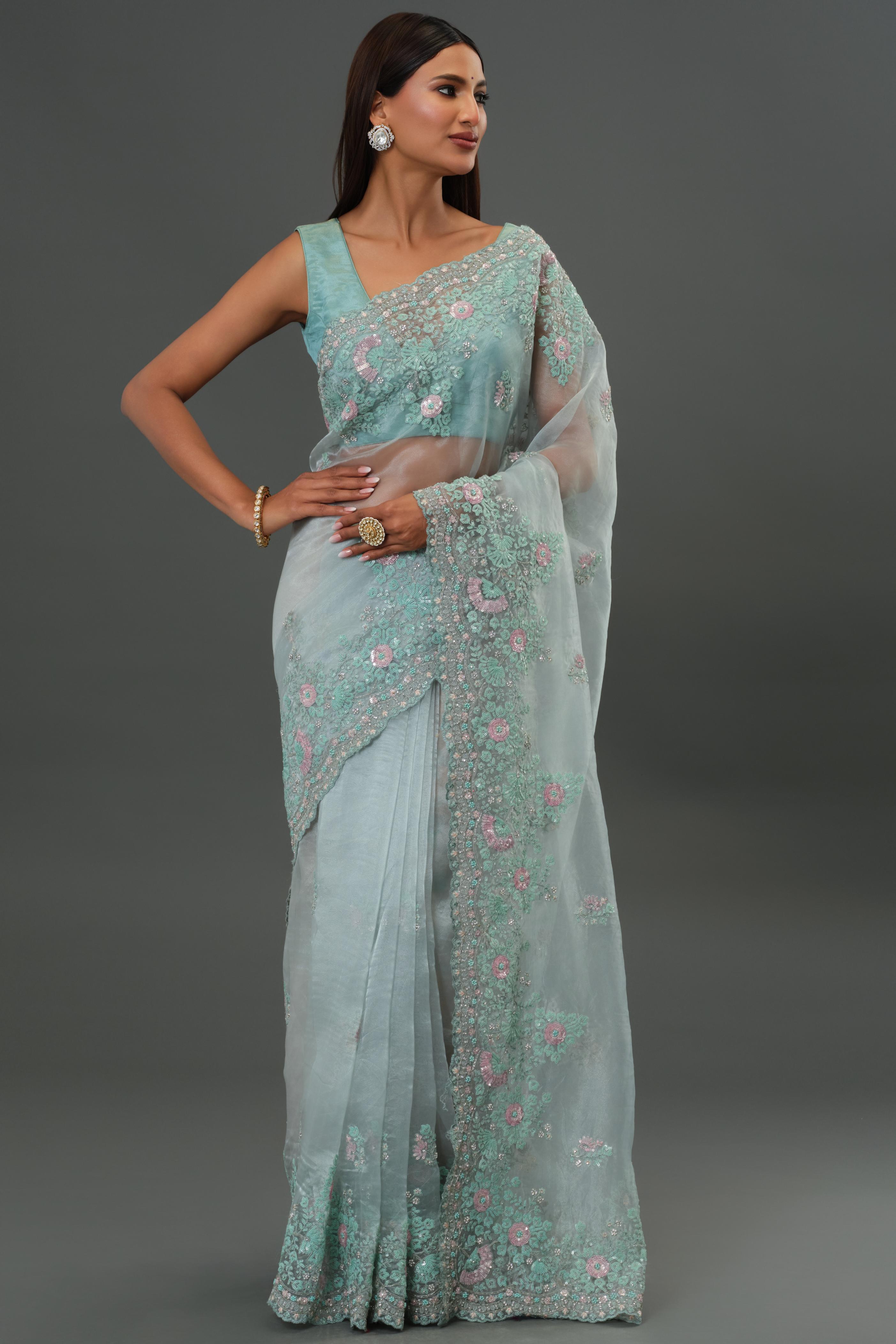 Blue Embroidered Organza Silk Saree