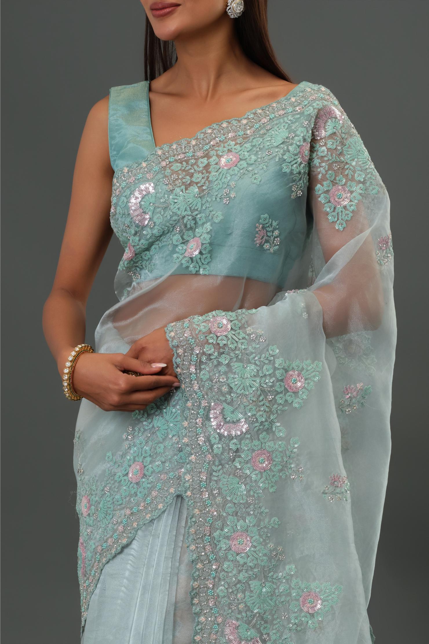Blue Embroidered Organza Silk Saree