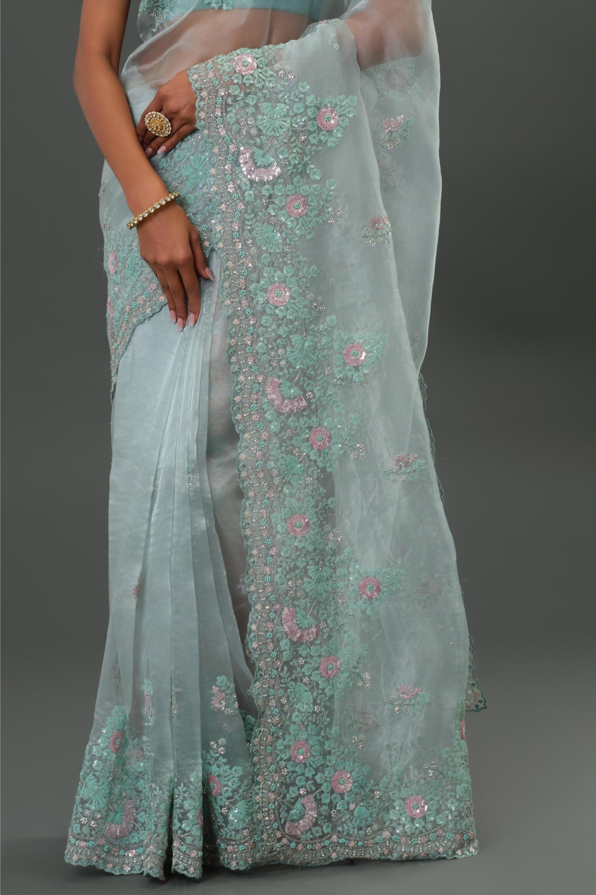 Blue Embroidered Organza Silk Saree