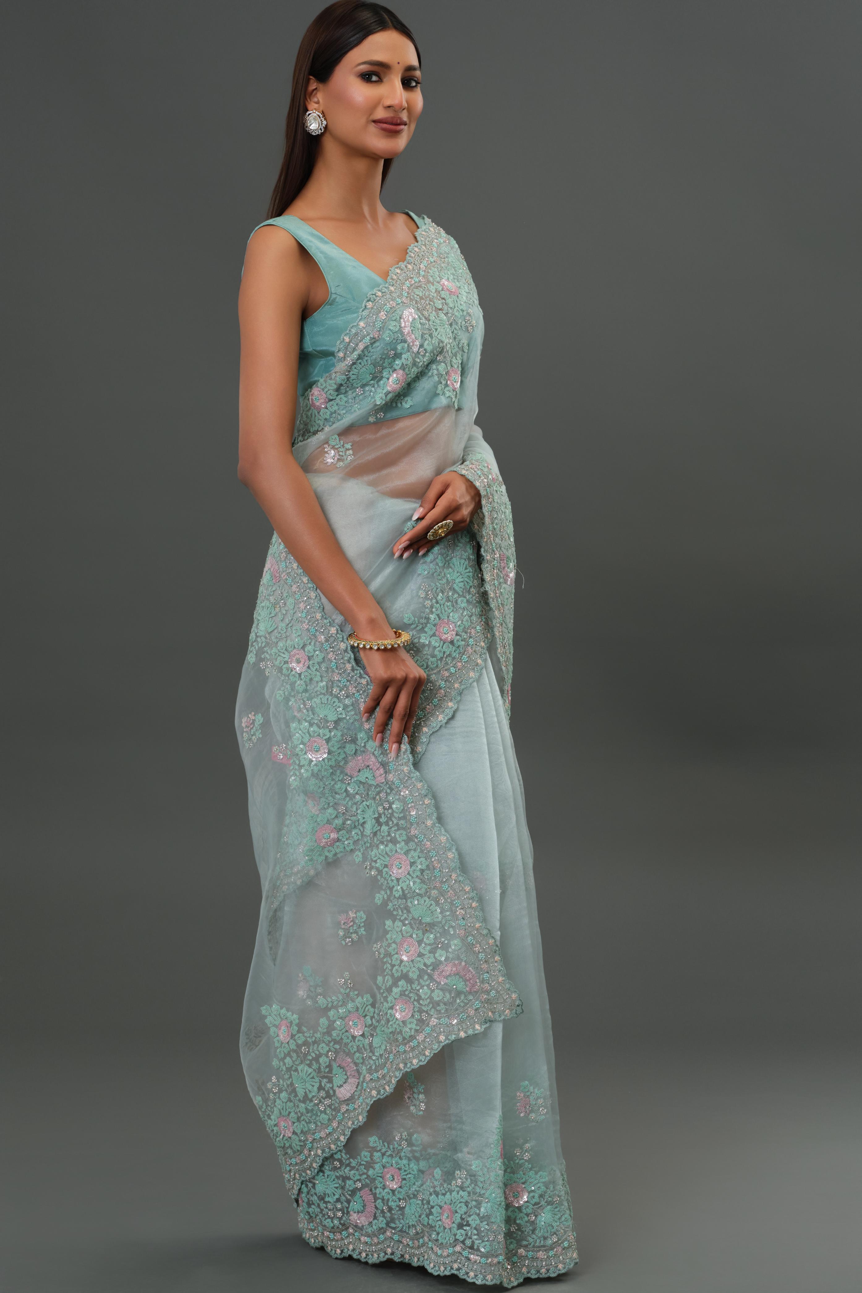 Blue Embroidered Organza Silk Saree