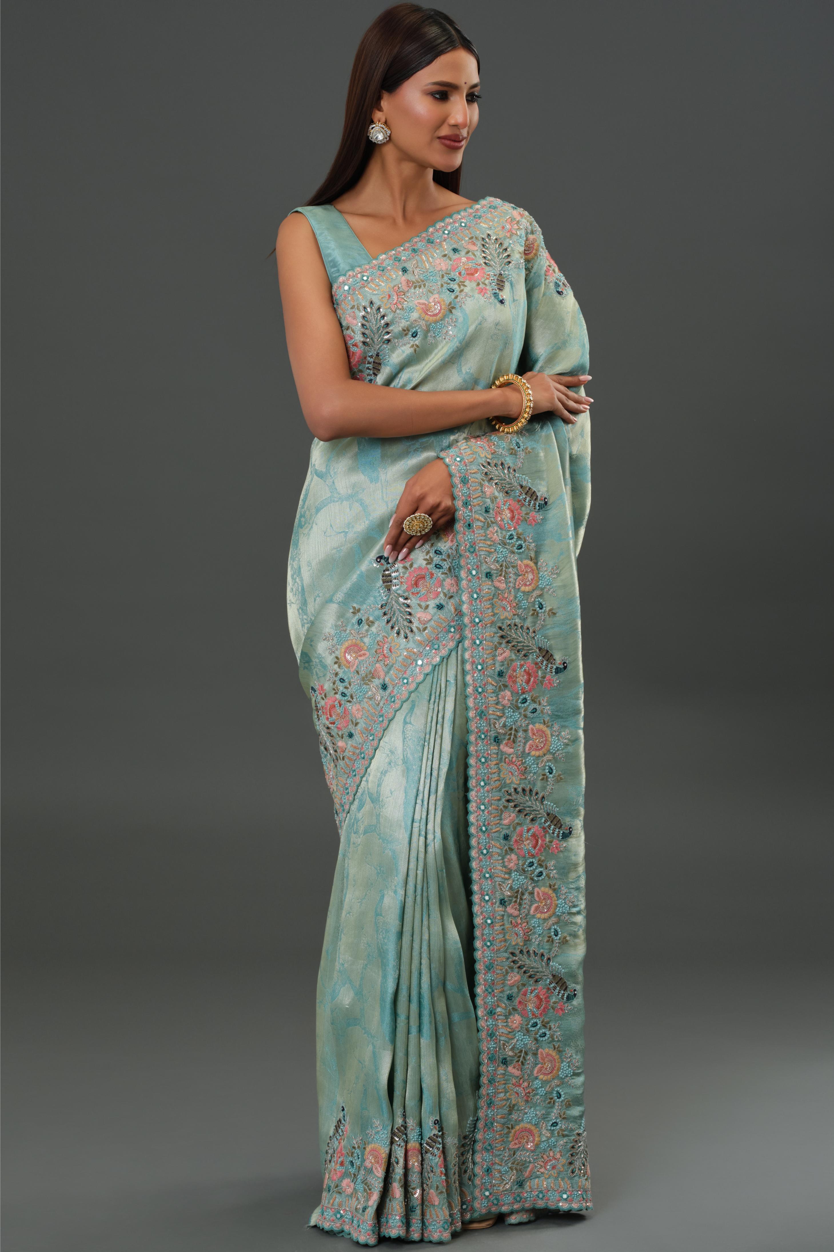 Blue Embroidered Tissue Silk Saree