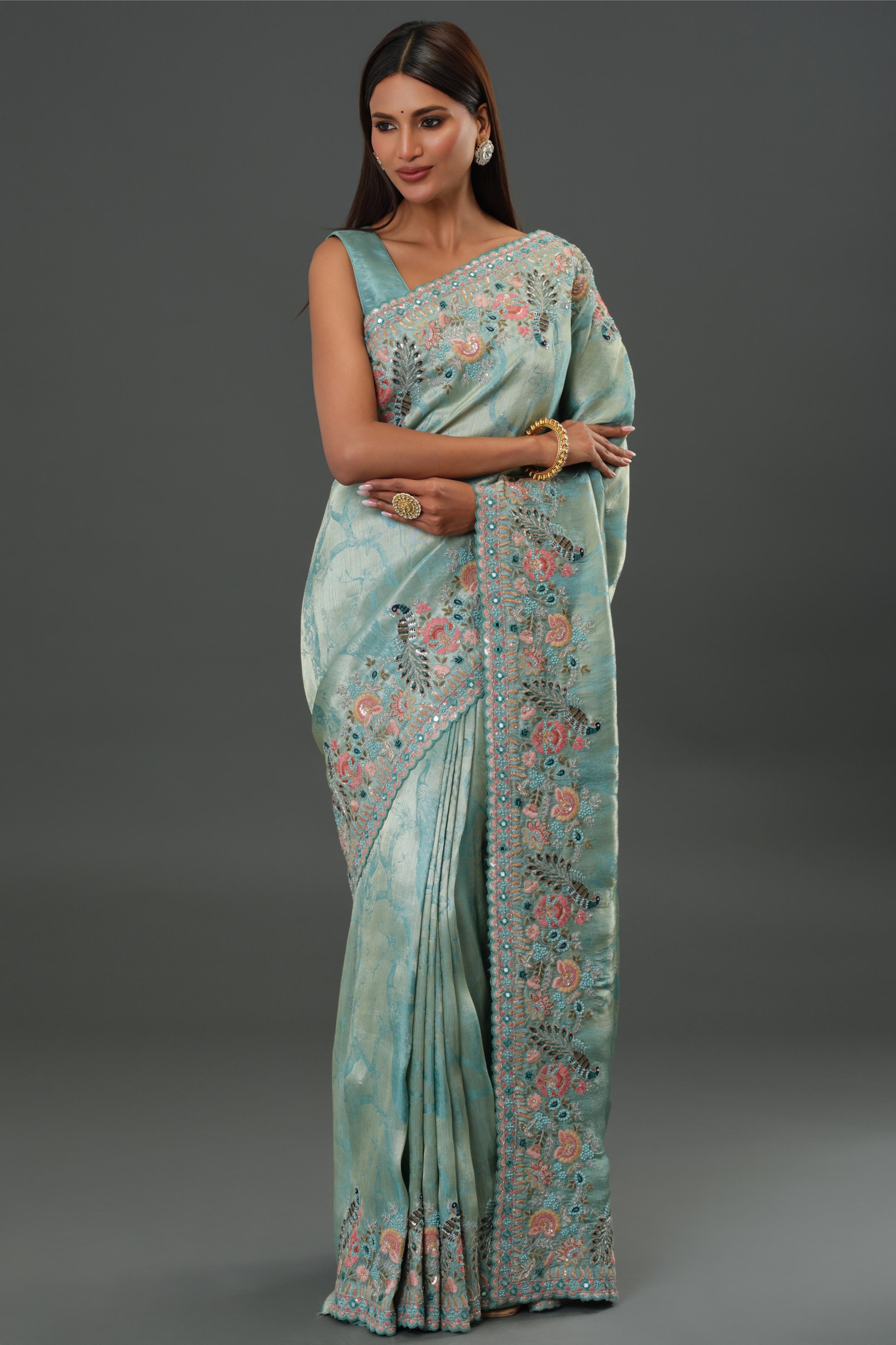 Blue Embroidered Tissue Silk Saree