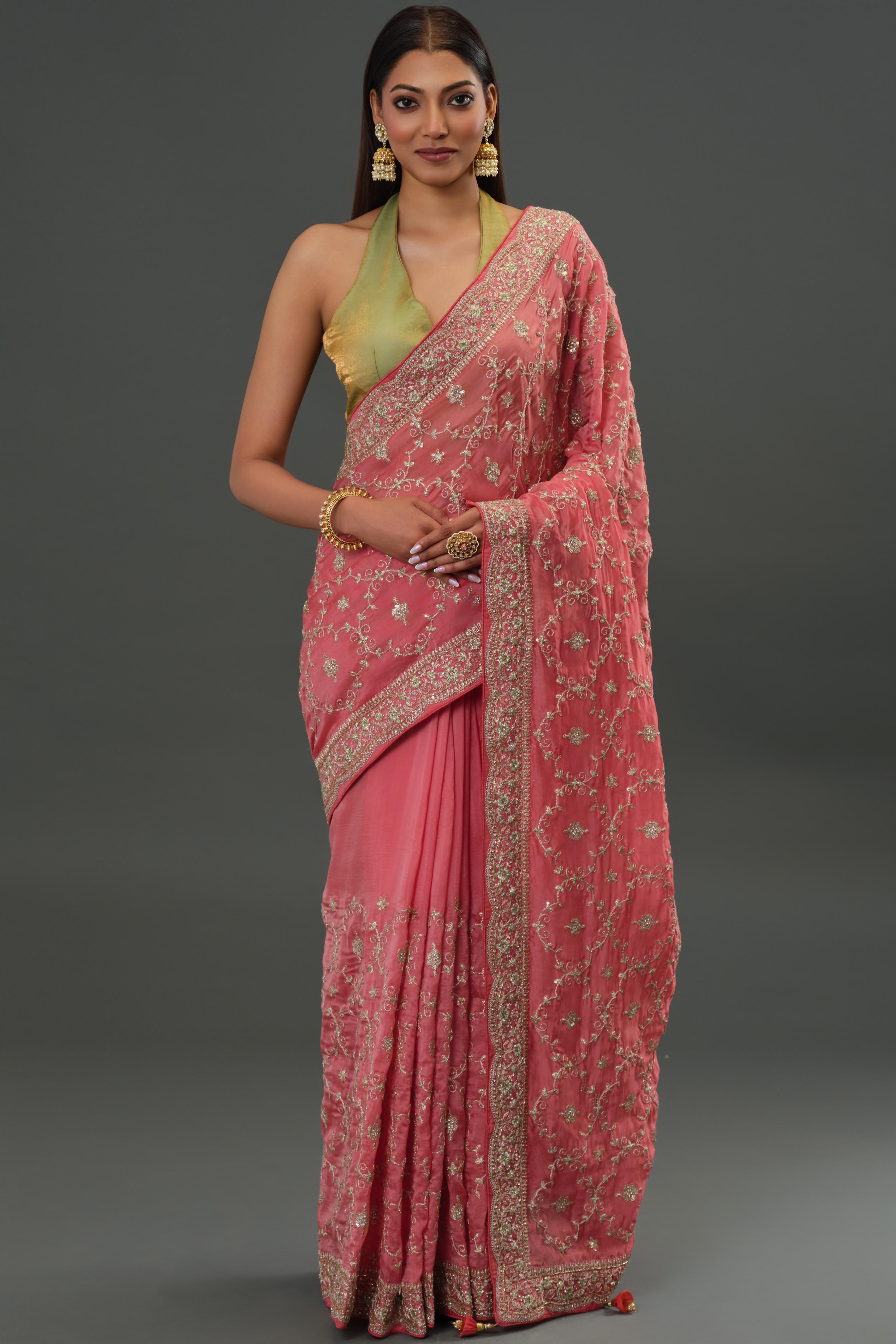 Peachy Pink Russian Crepe Silk Saree