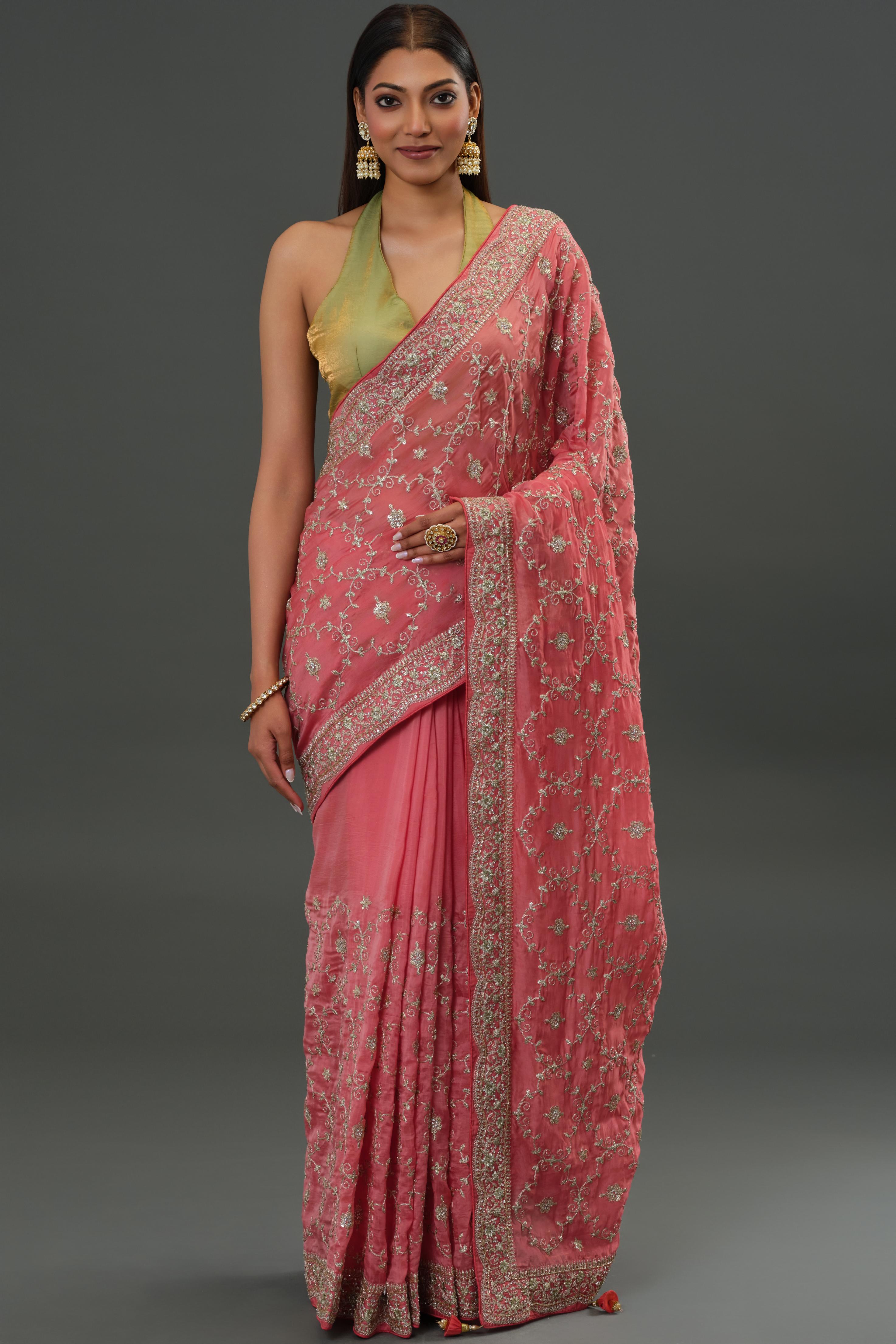 Peachy Pink Russian Crepe Silk Saree