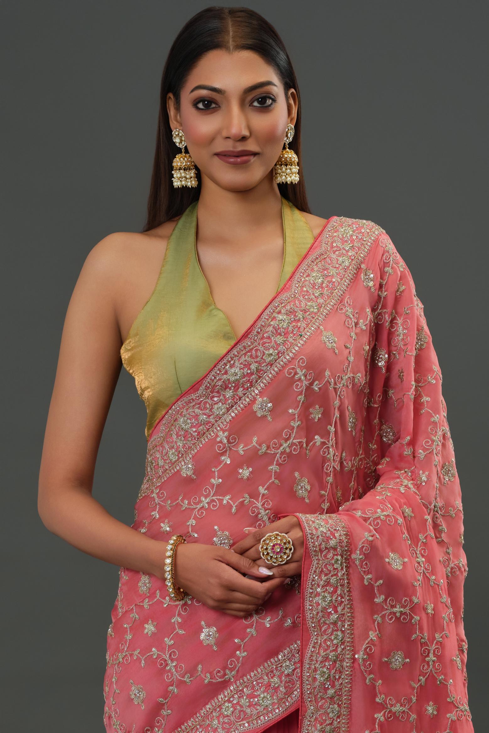 Peachy Pink Russian Crepe Silk Saree