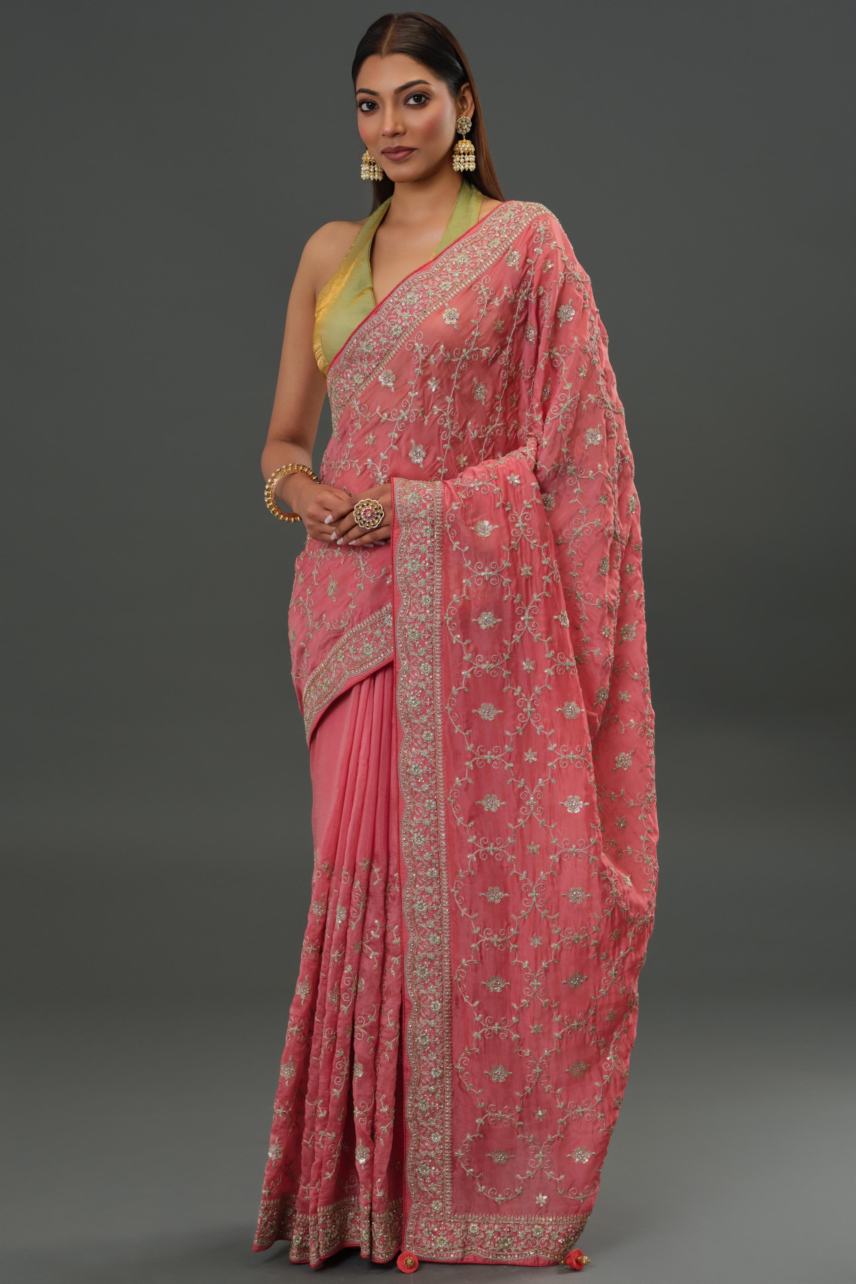 Peachy Pink Russian Crepe Silk Saree