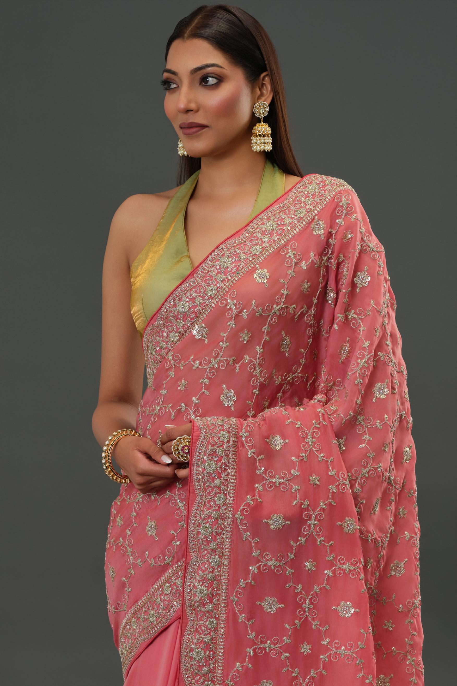 Peachy Pink Russian Crepe Silk Saree