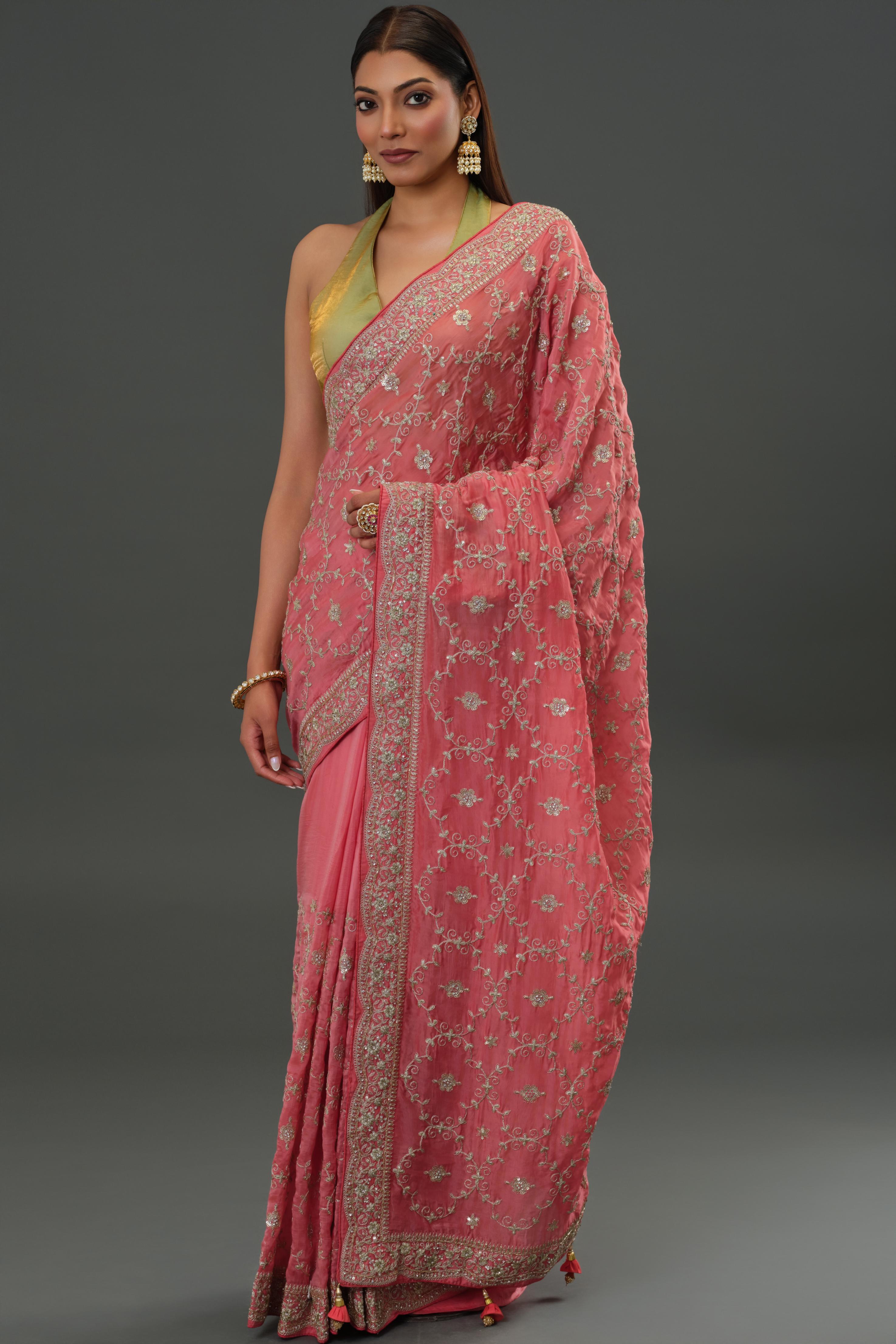 Peachy Pink Russian Crepe Silk Saree