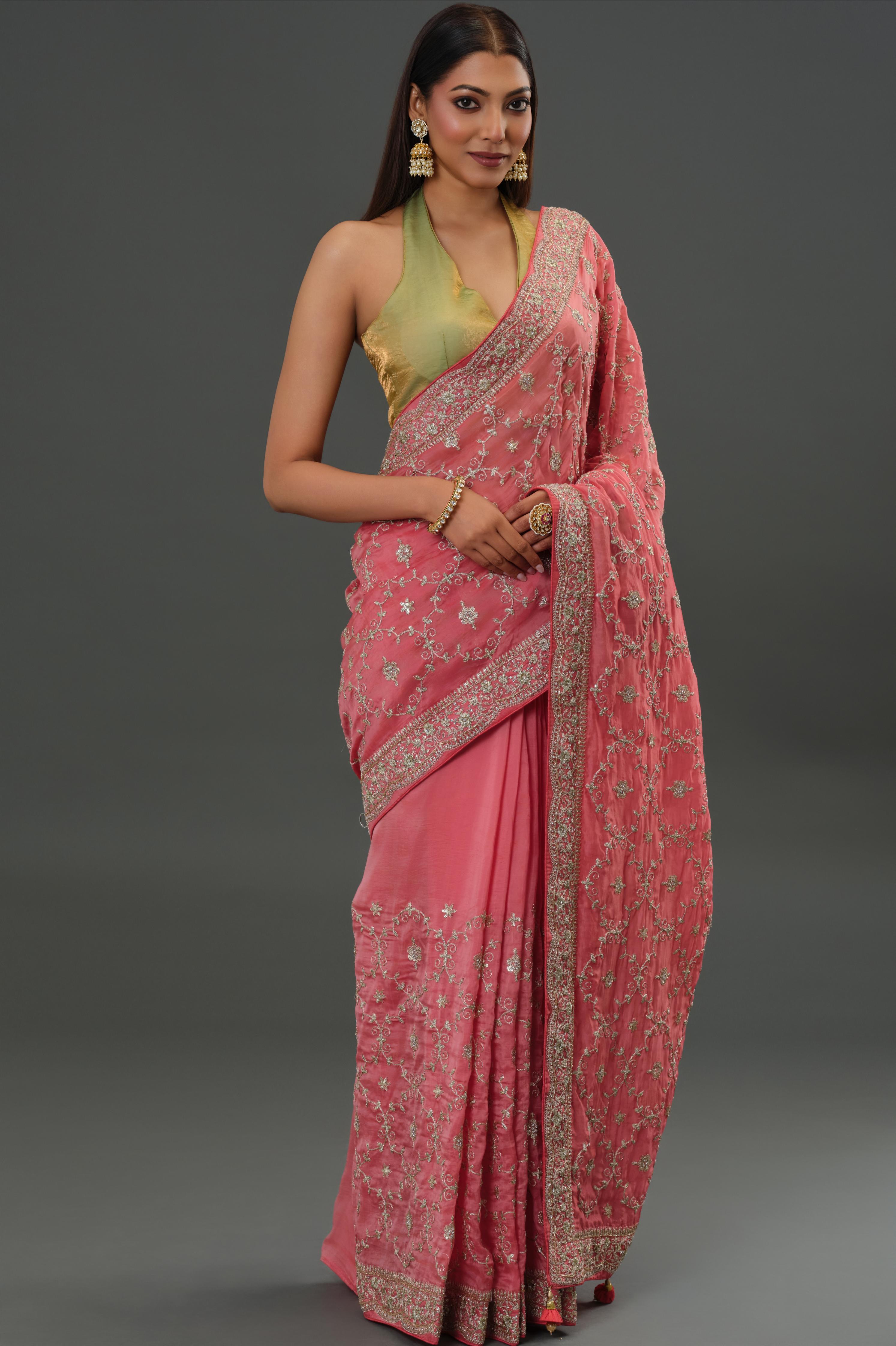 Peachy Pink Russian Crepe Silk Saree