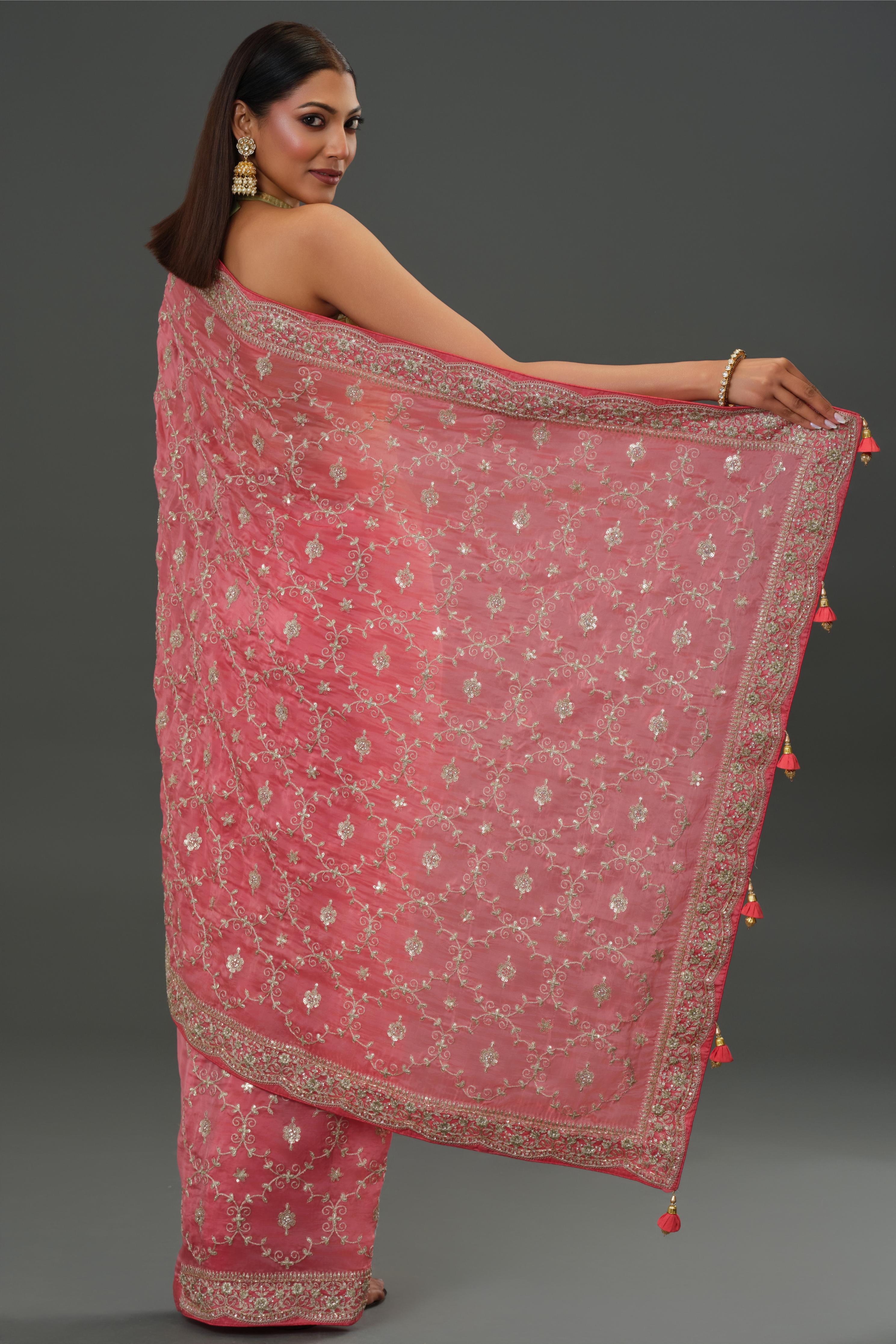 Peachy Pink Russian Crepe Silk Saree