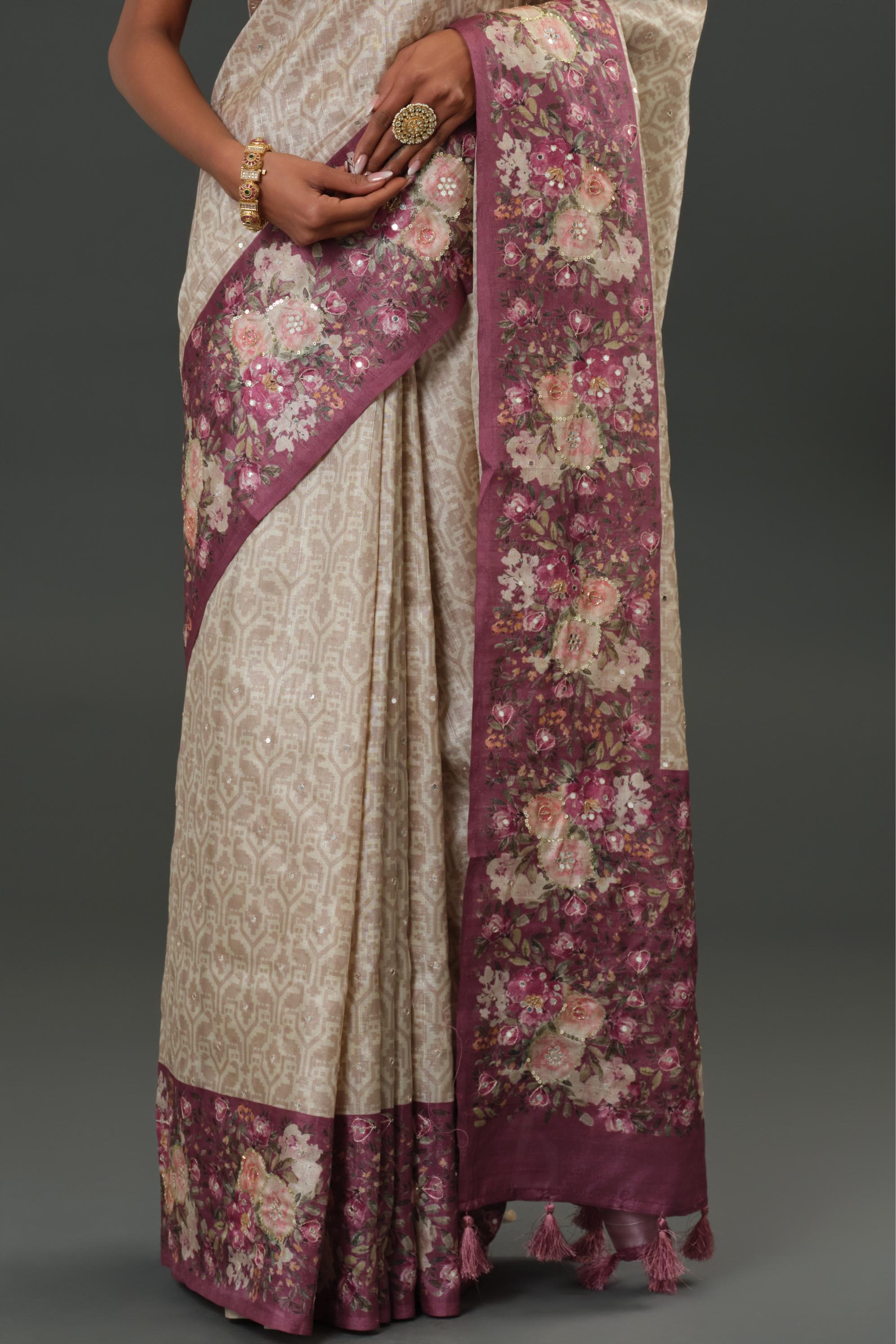 Champagne Floral Border Tussar Silk Saree