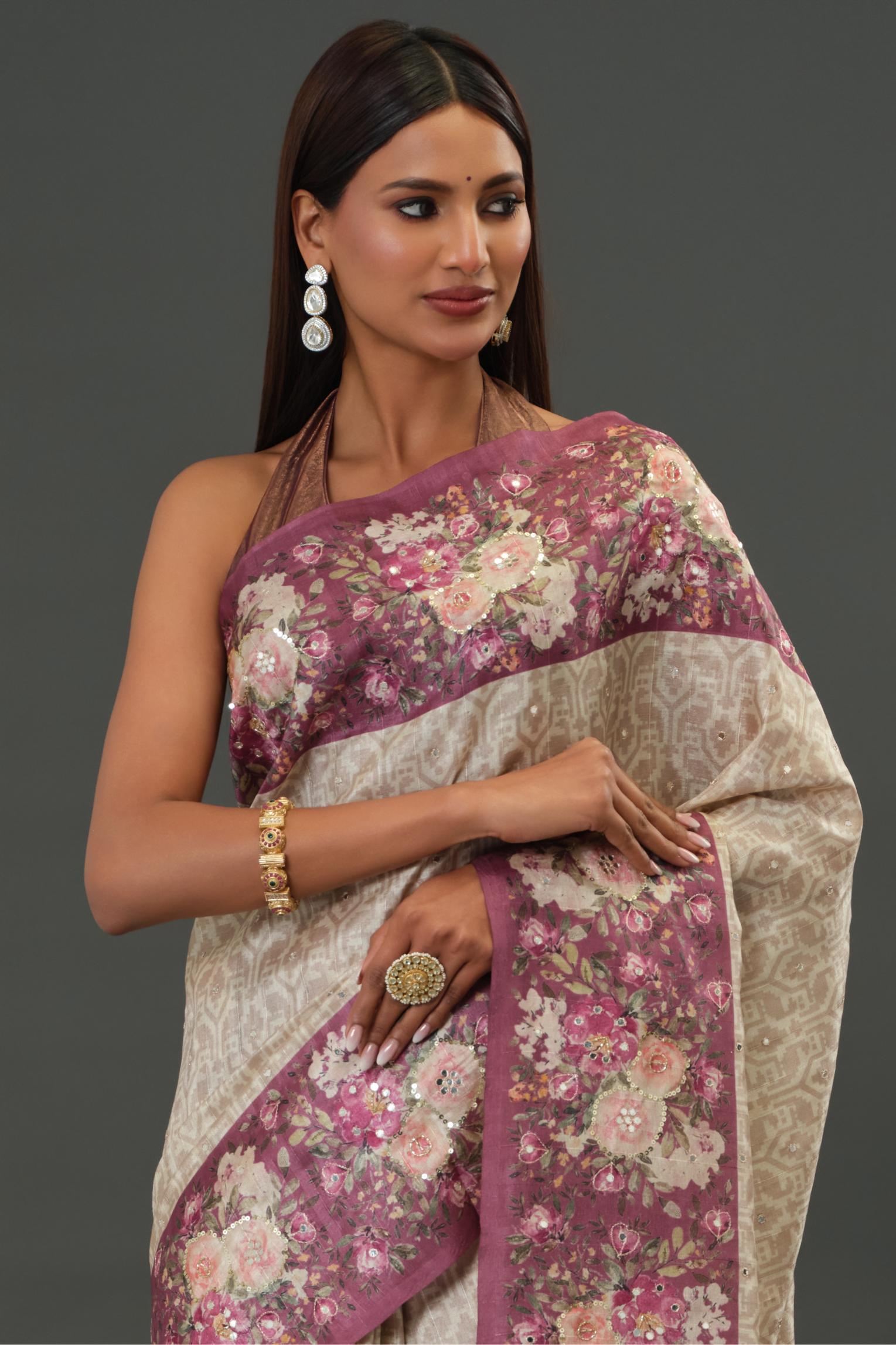 Champagne Floral Border Tussar Silk Saree