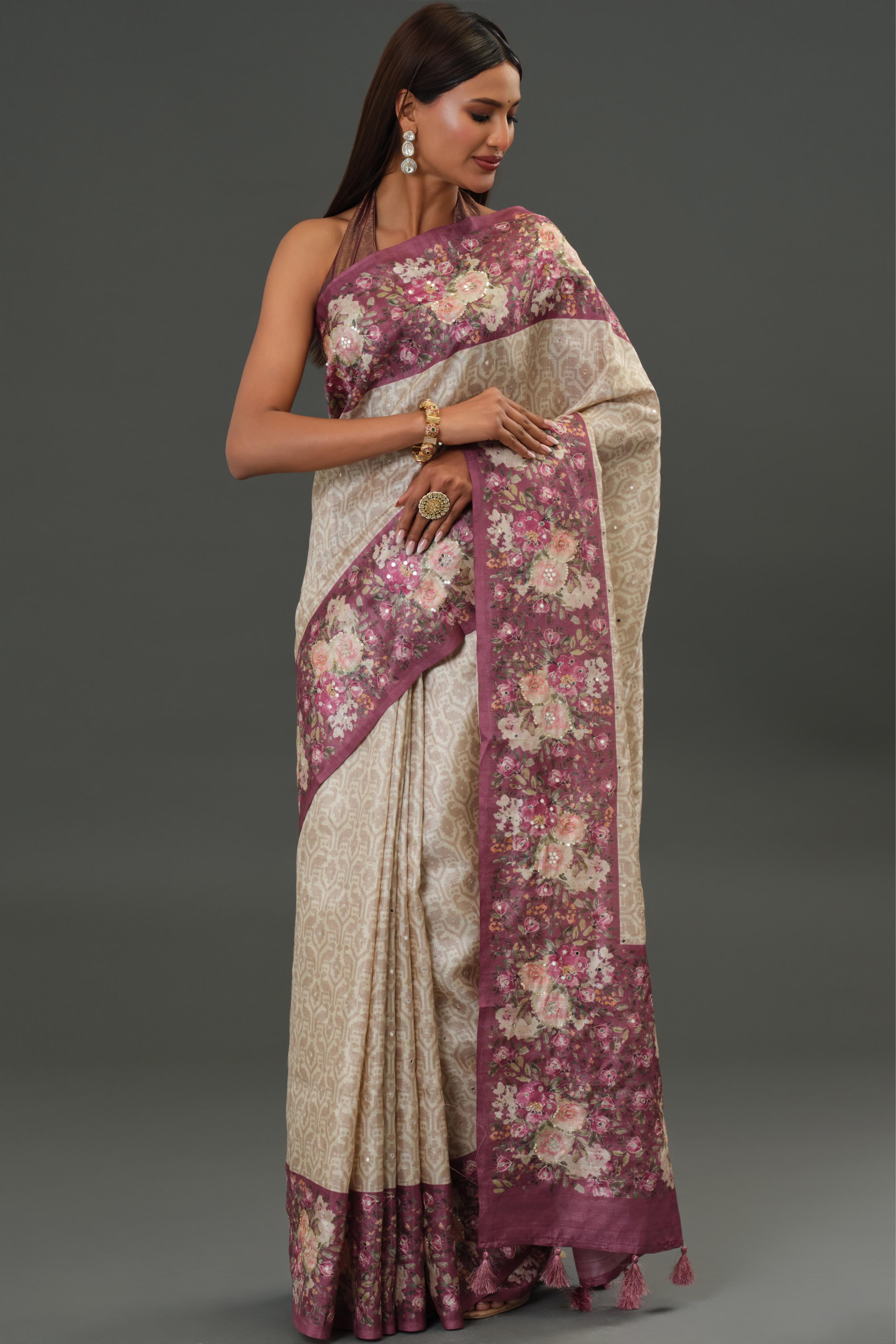 Champagne Floral Border Tussar Silk Saree