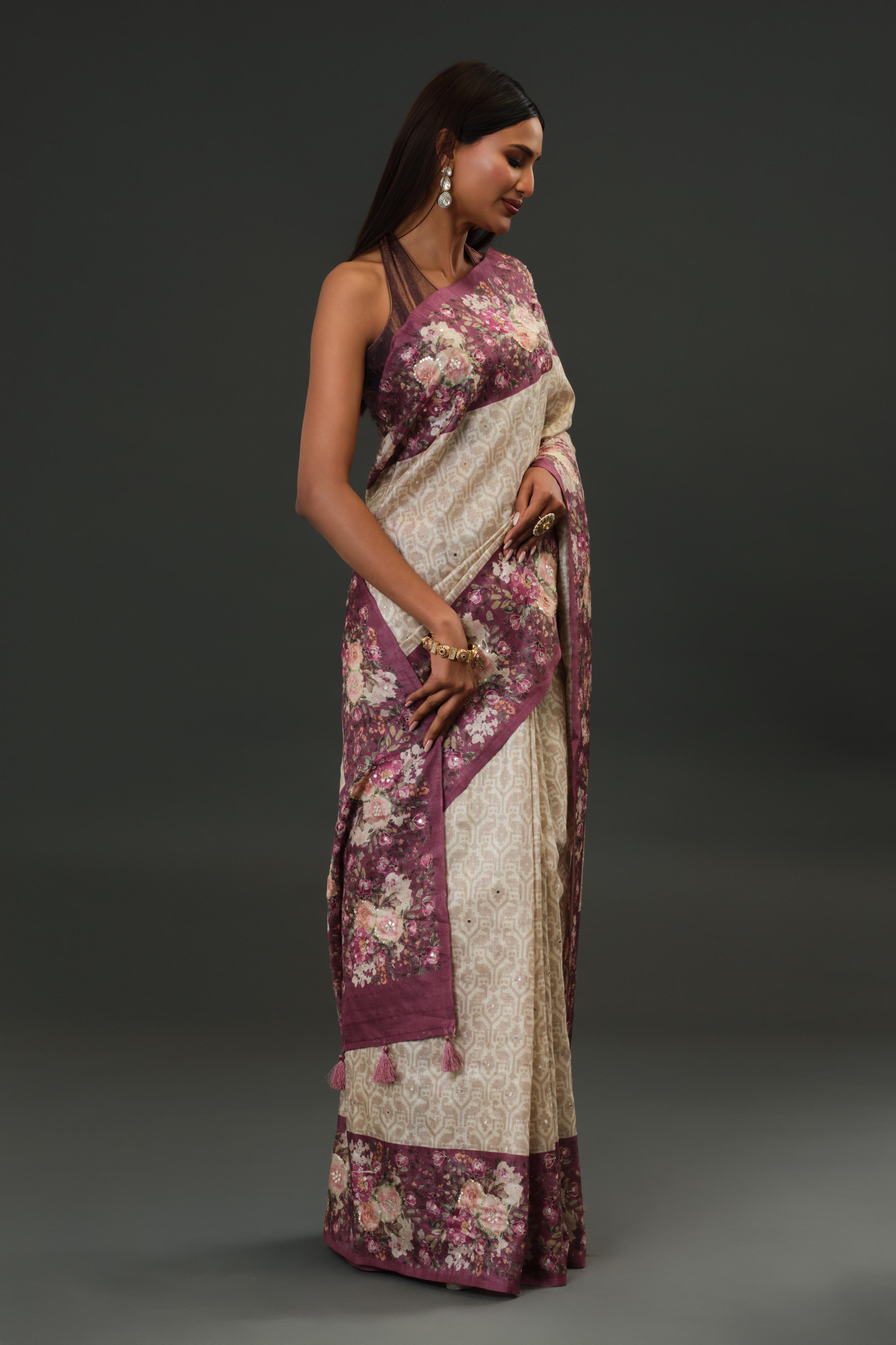 Champagne Floral Border Tussar Silk Saree