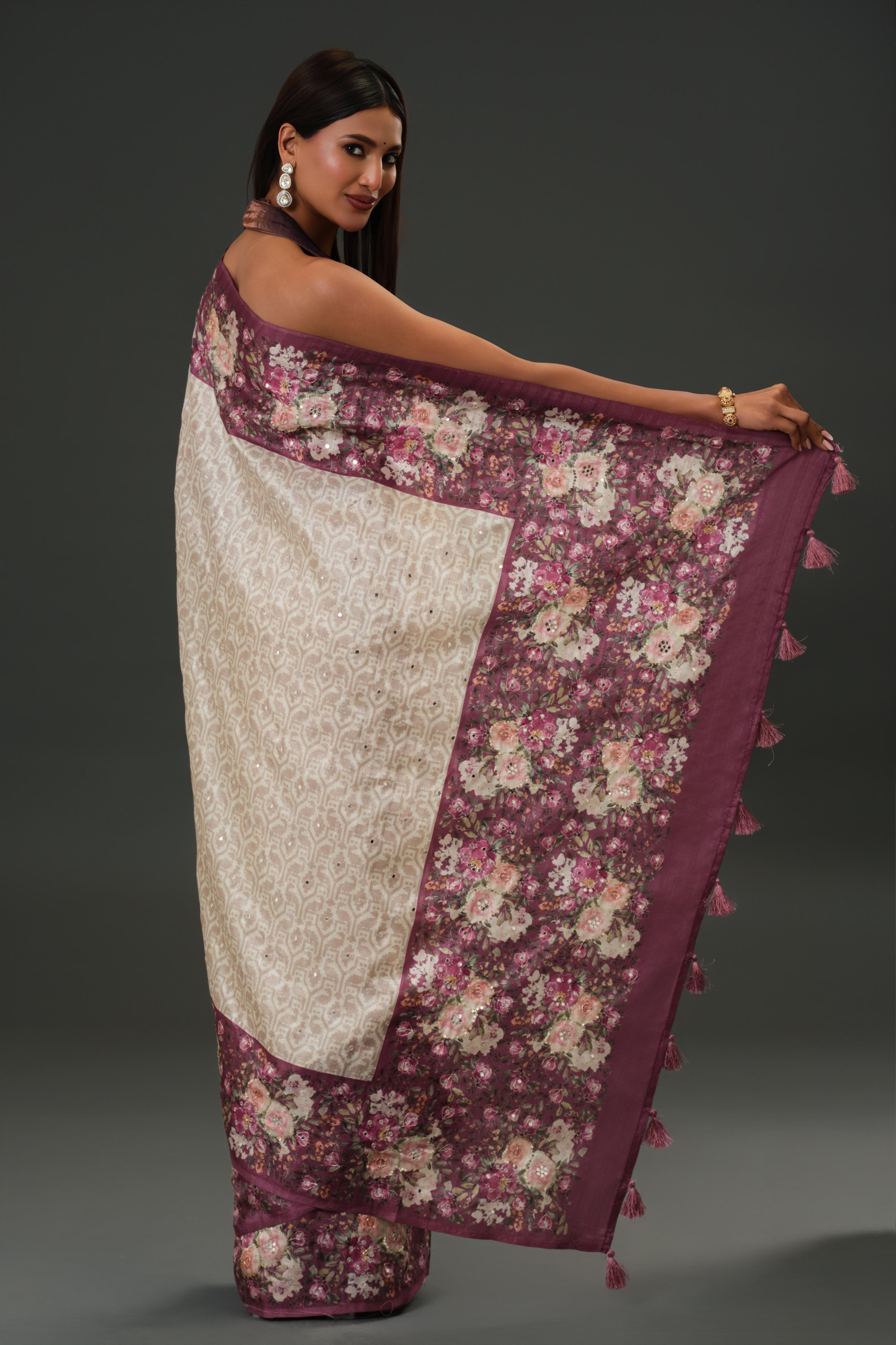 Champagne Floral Border Tussar Silk Saree