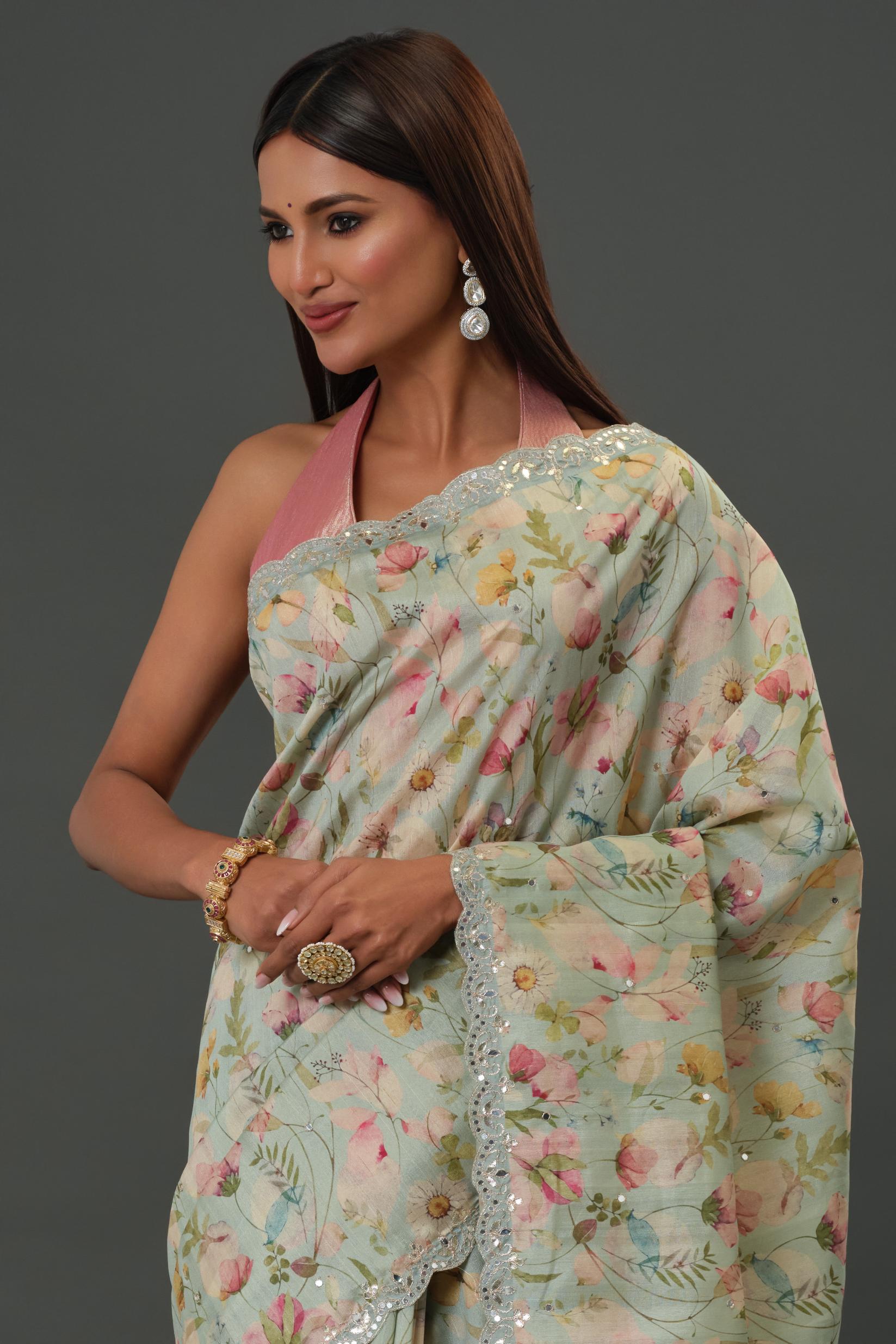 Blue Mist Floral Printed Tussar Silk Saree