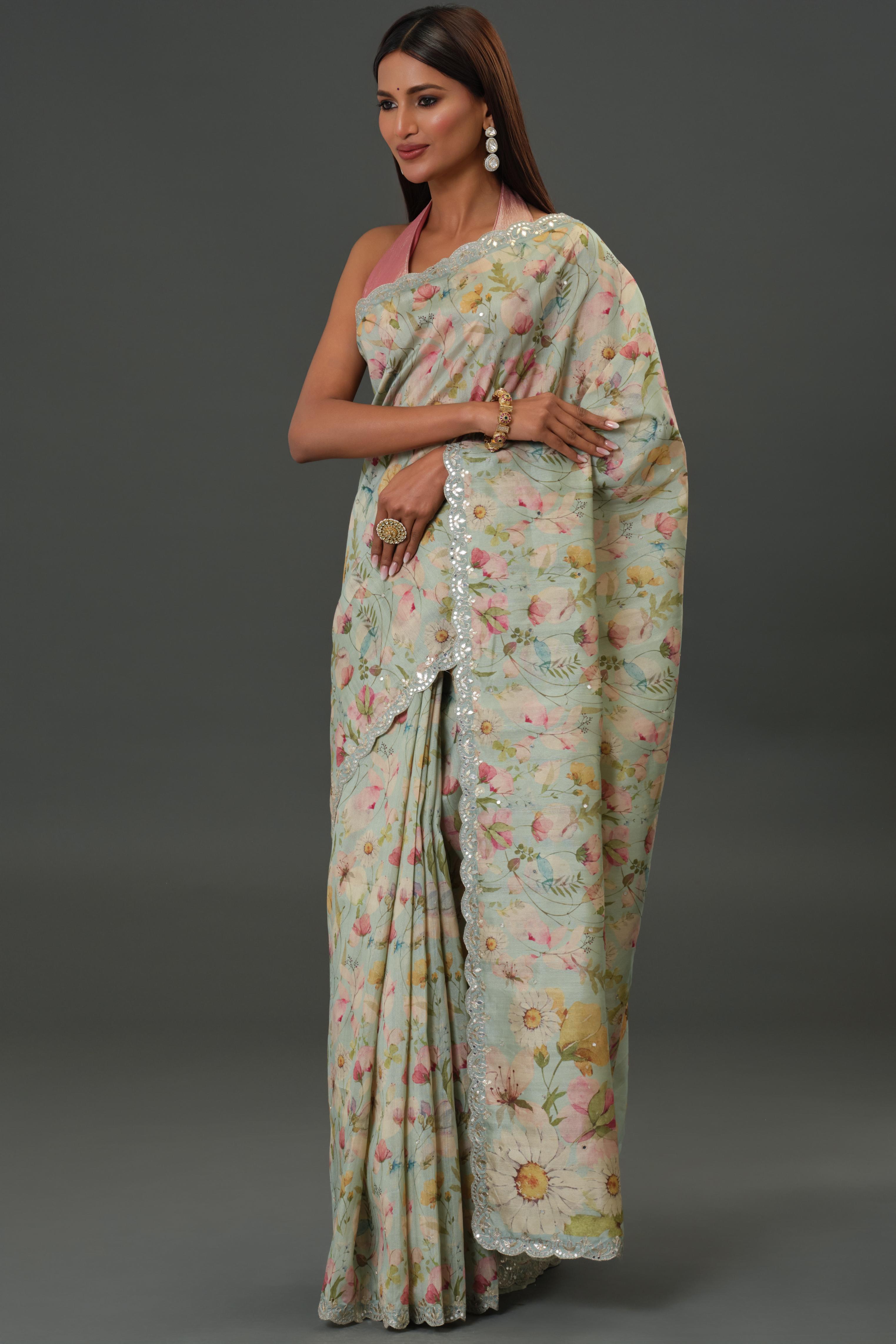 Blue Mist Floral Printed Tussar Silk Saree